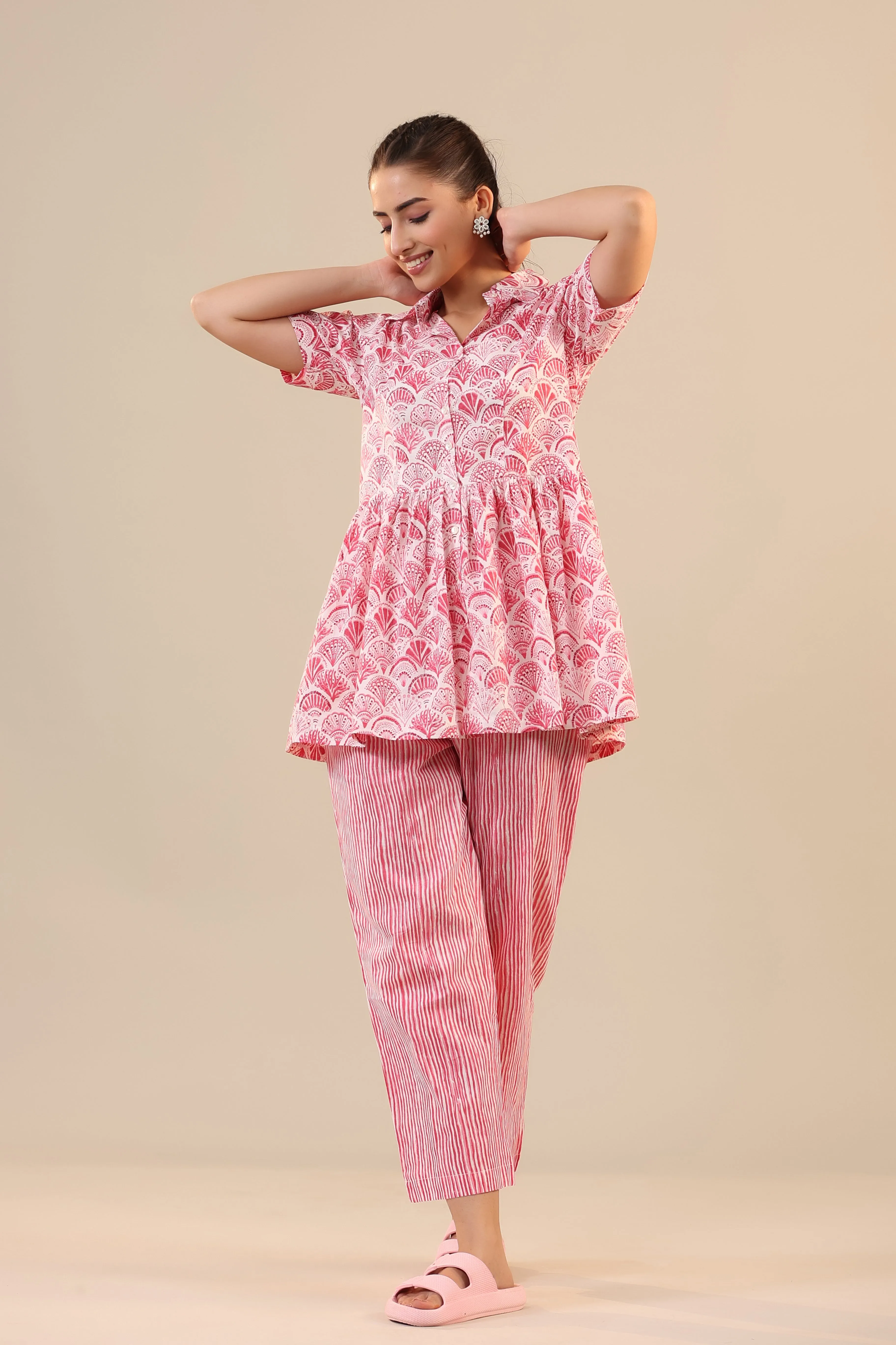 Parallel Stripes with Atelior on Pink Peplum Loungewear Top Set