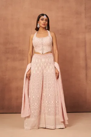 Pastel Pink Hand Embroidered Georgette Silk Palazzo Set