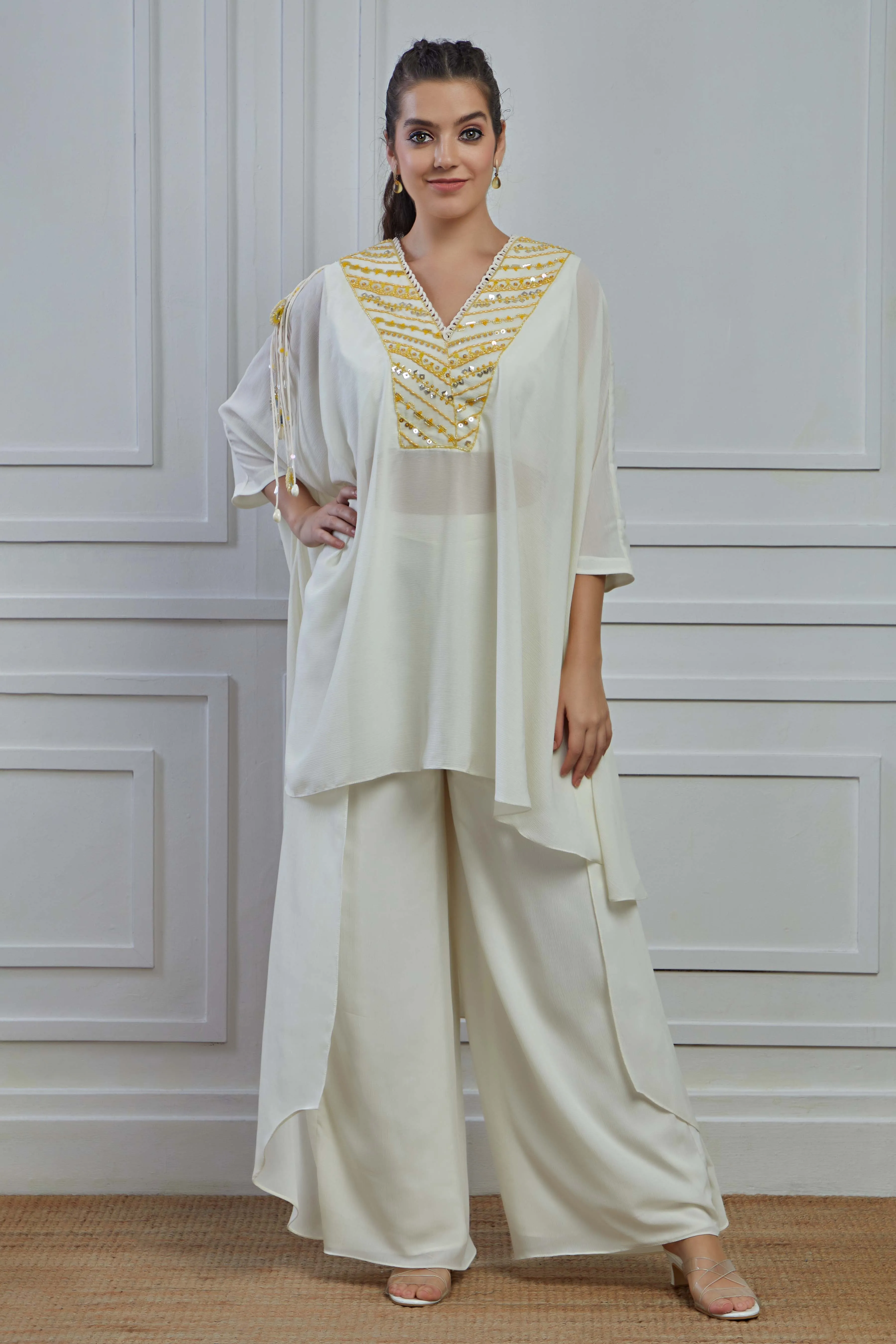 Pearl White Embroidered Crepe Silk Kurta Palazzo Set