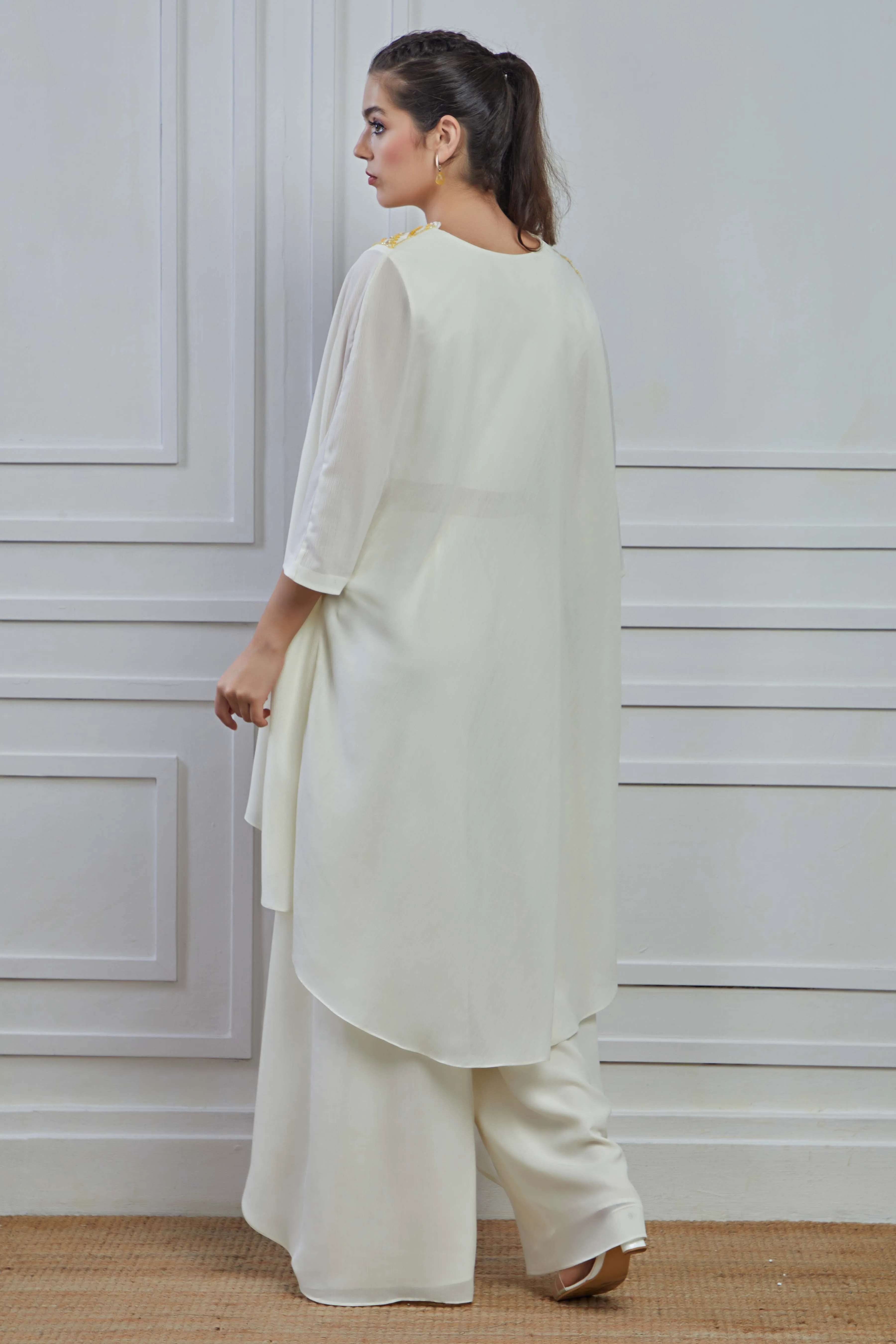 Pearl White Embroidered Crepe Silk Kurta Palazzo Set