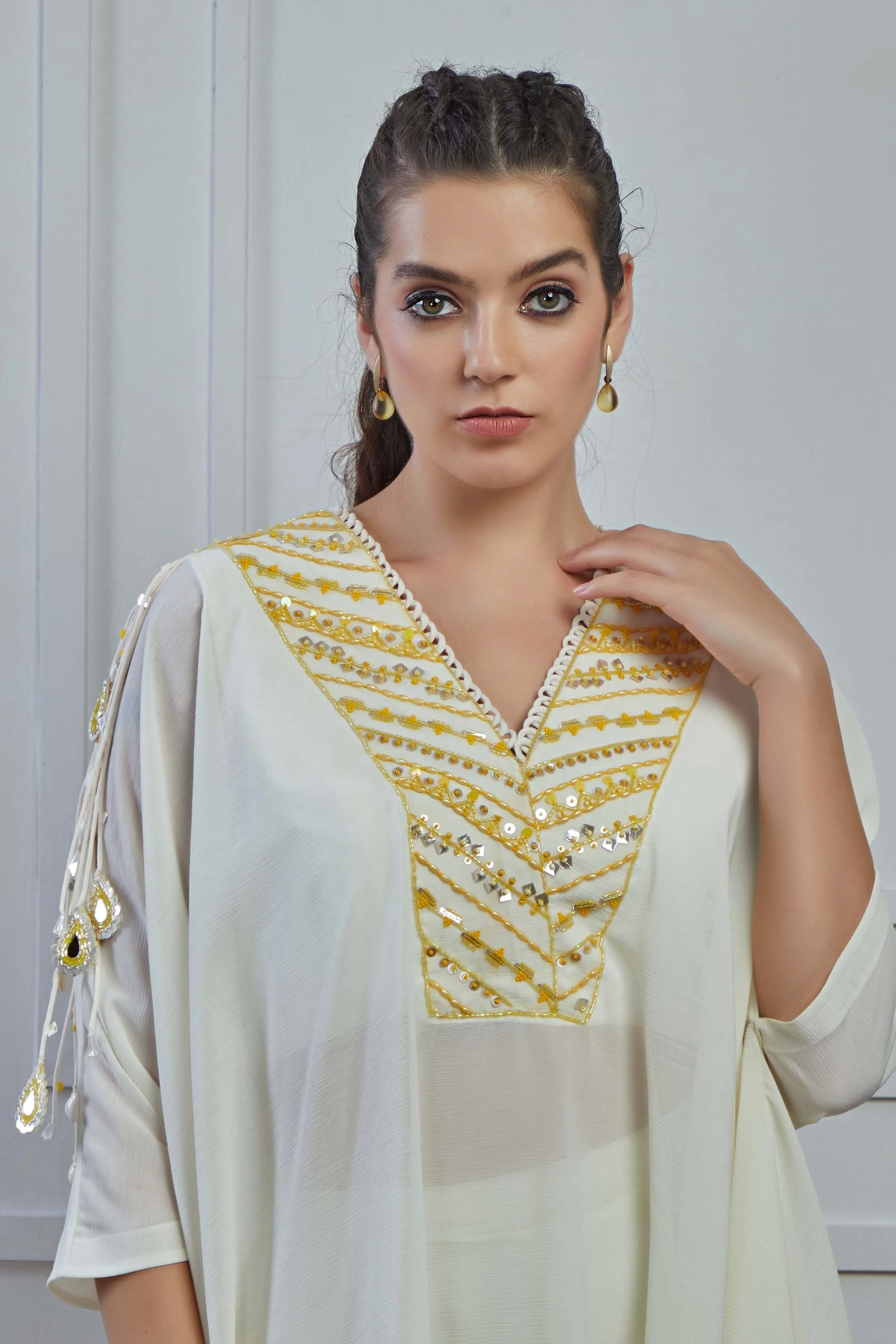 Pearl White Embroidered Crepe Silk Kurta Palazzo Set