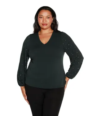 Plus Size Embellished Blouson Sleeve Top | Dark Forest