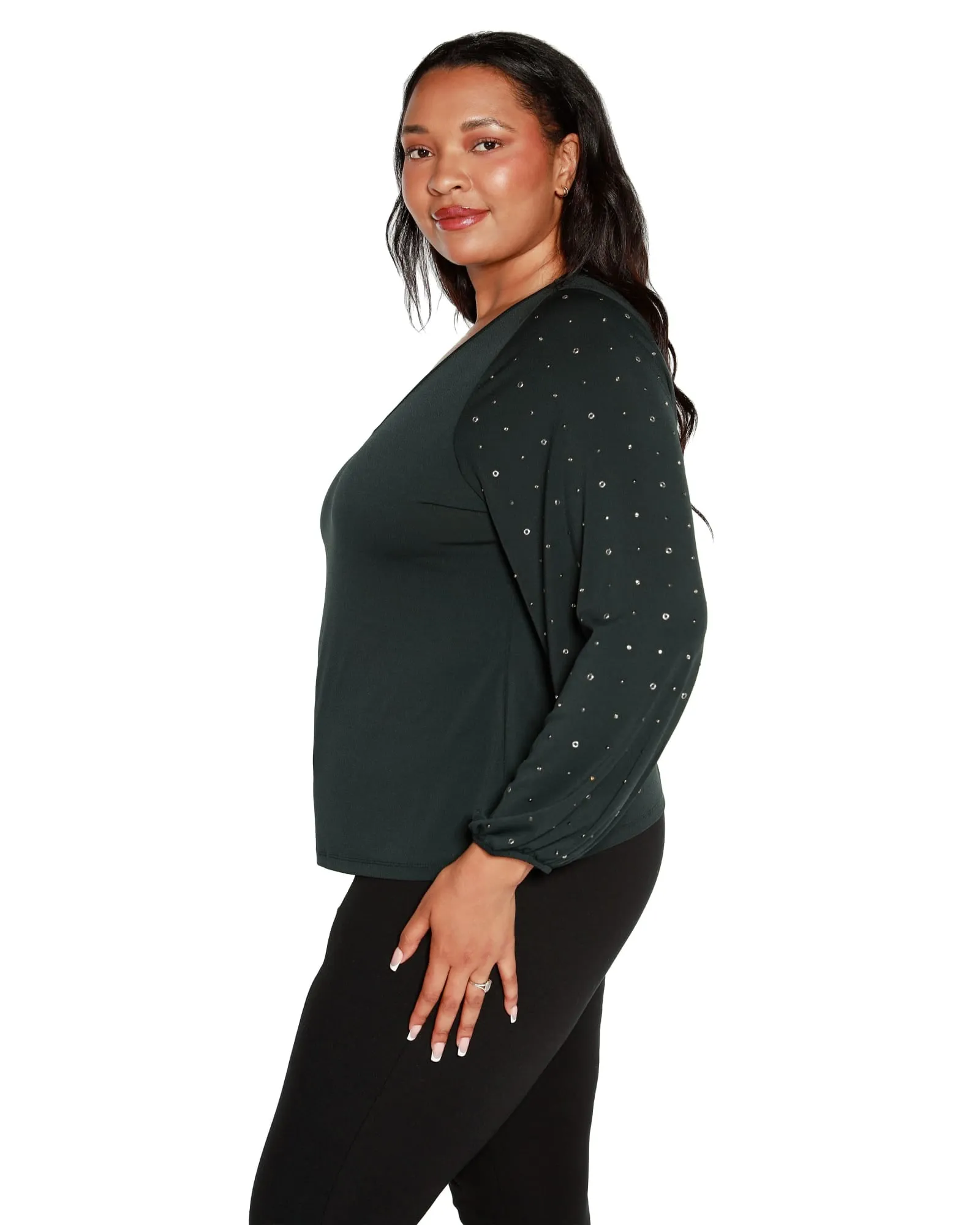 Plus Size Embellished Blouson Sleeve Top | Dark Forest