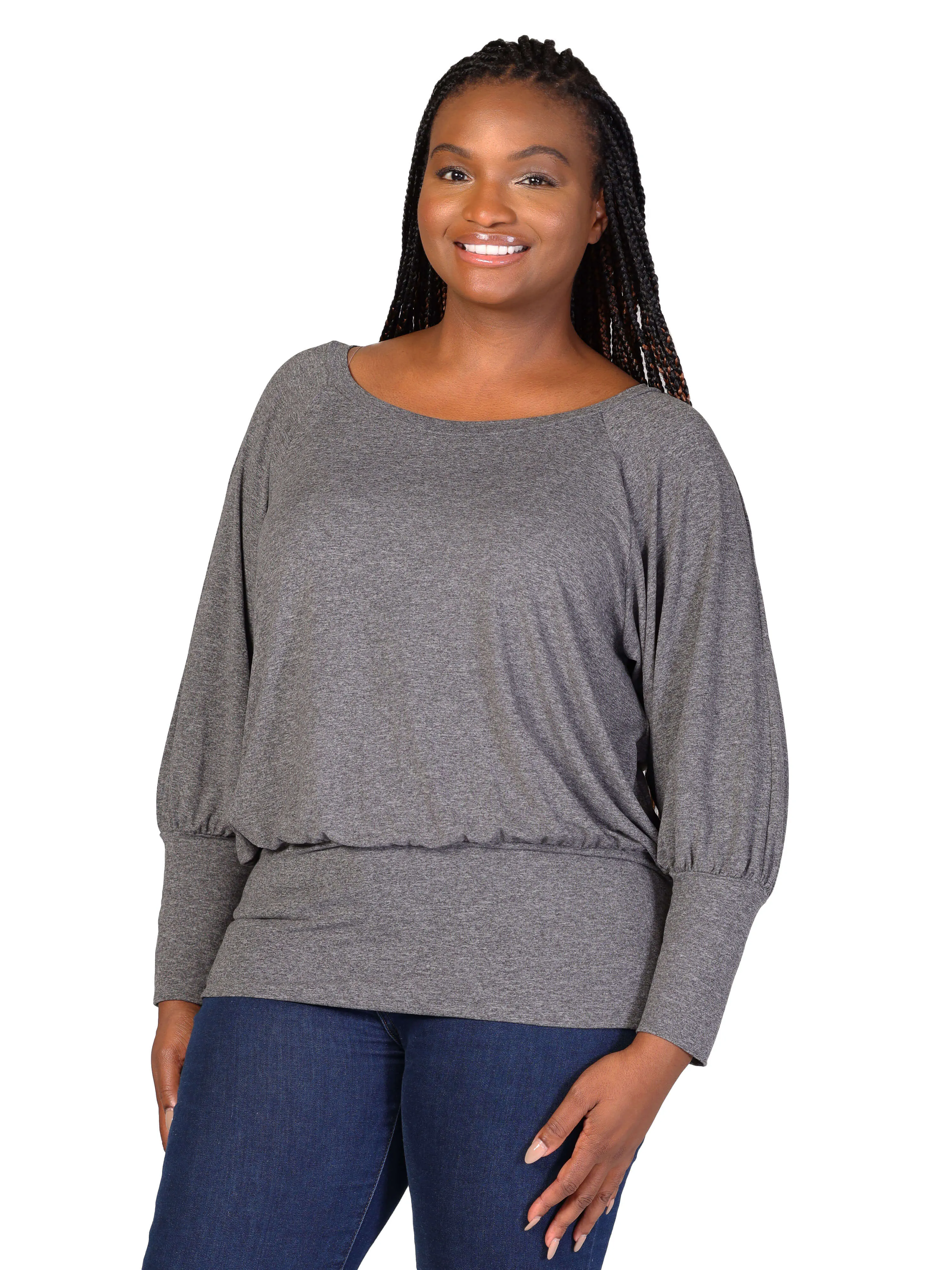 Plus Size Round Neck Long Blouson Sleeve Banded Bottom Top