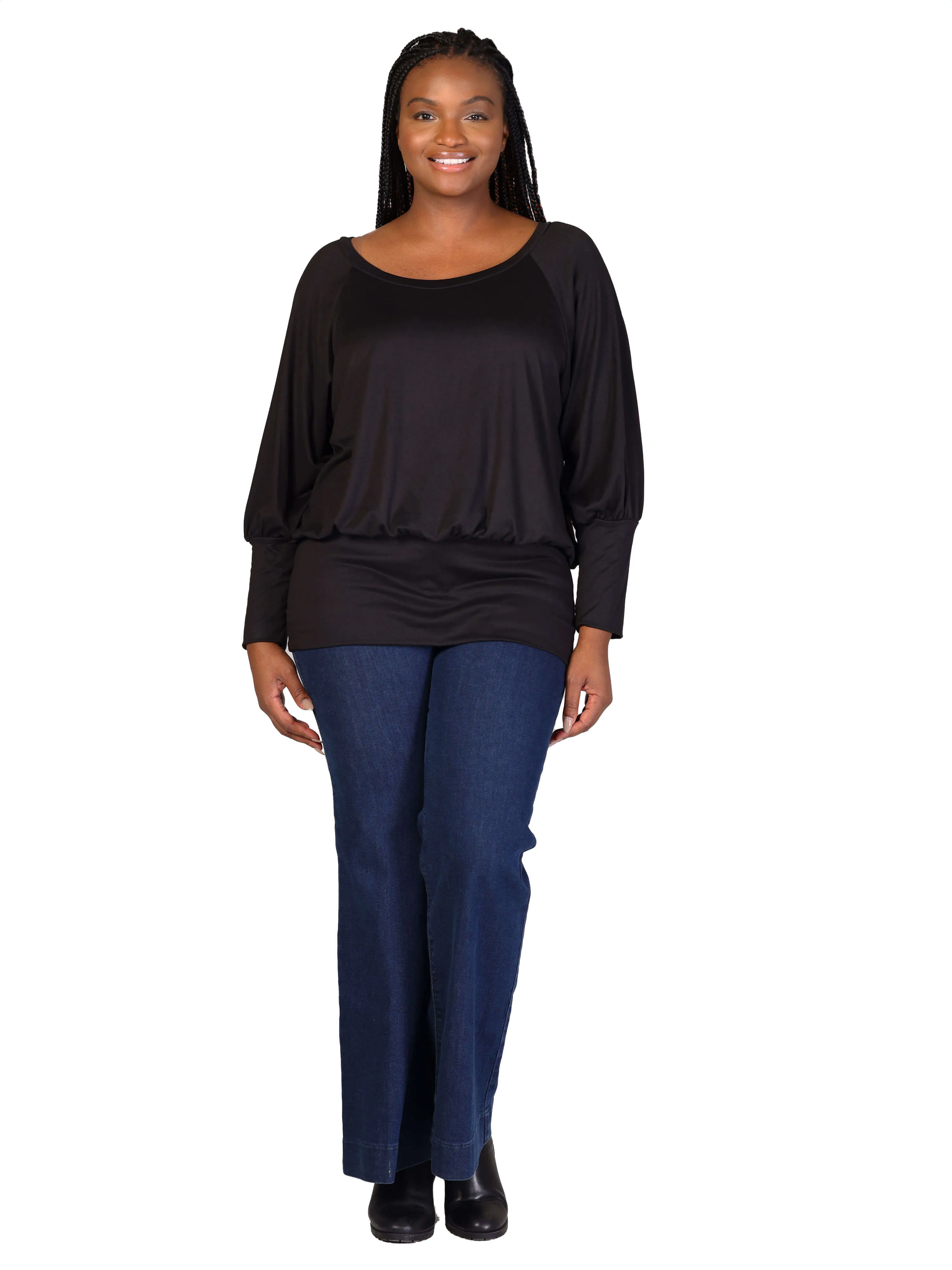 Plus Size Round Neck Long Blouson Sleeve Banded Bottom Top