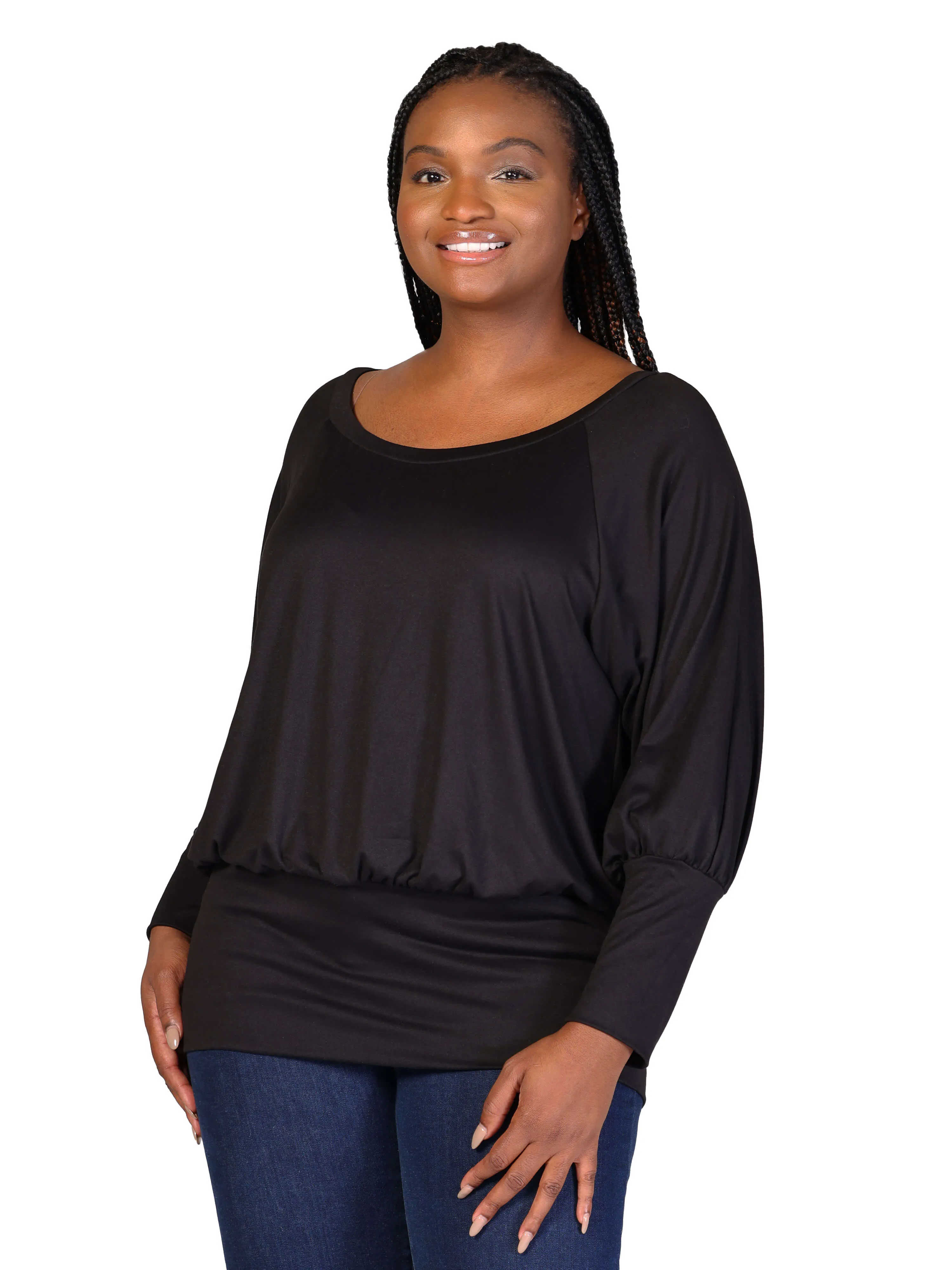 Plus Size Round Neck Long Blouson Sleeve Banded Bottom Top