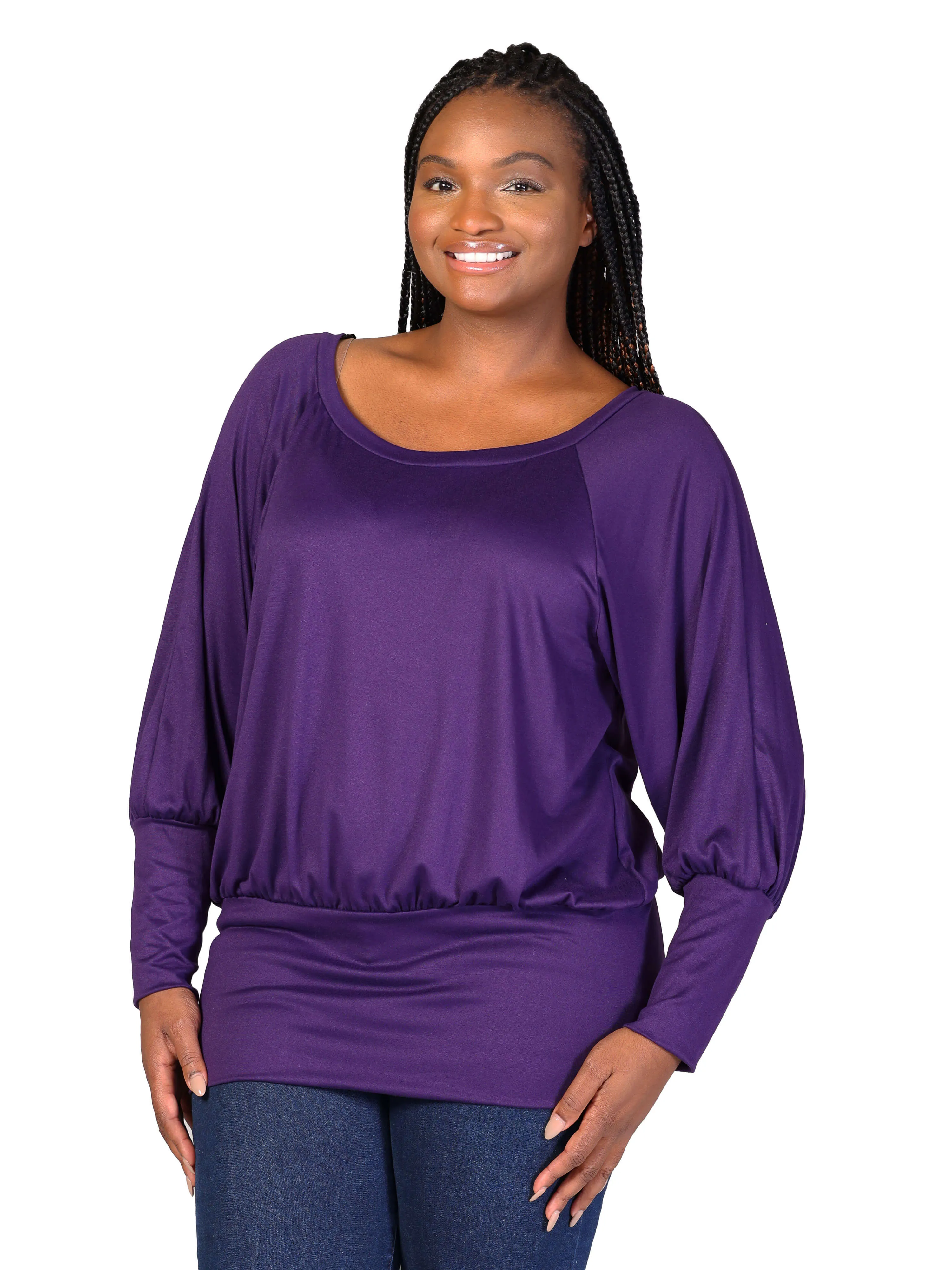 Plus Size Round Neck Long Blouson Sleeve Banded Bottom Top