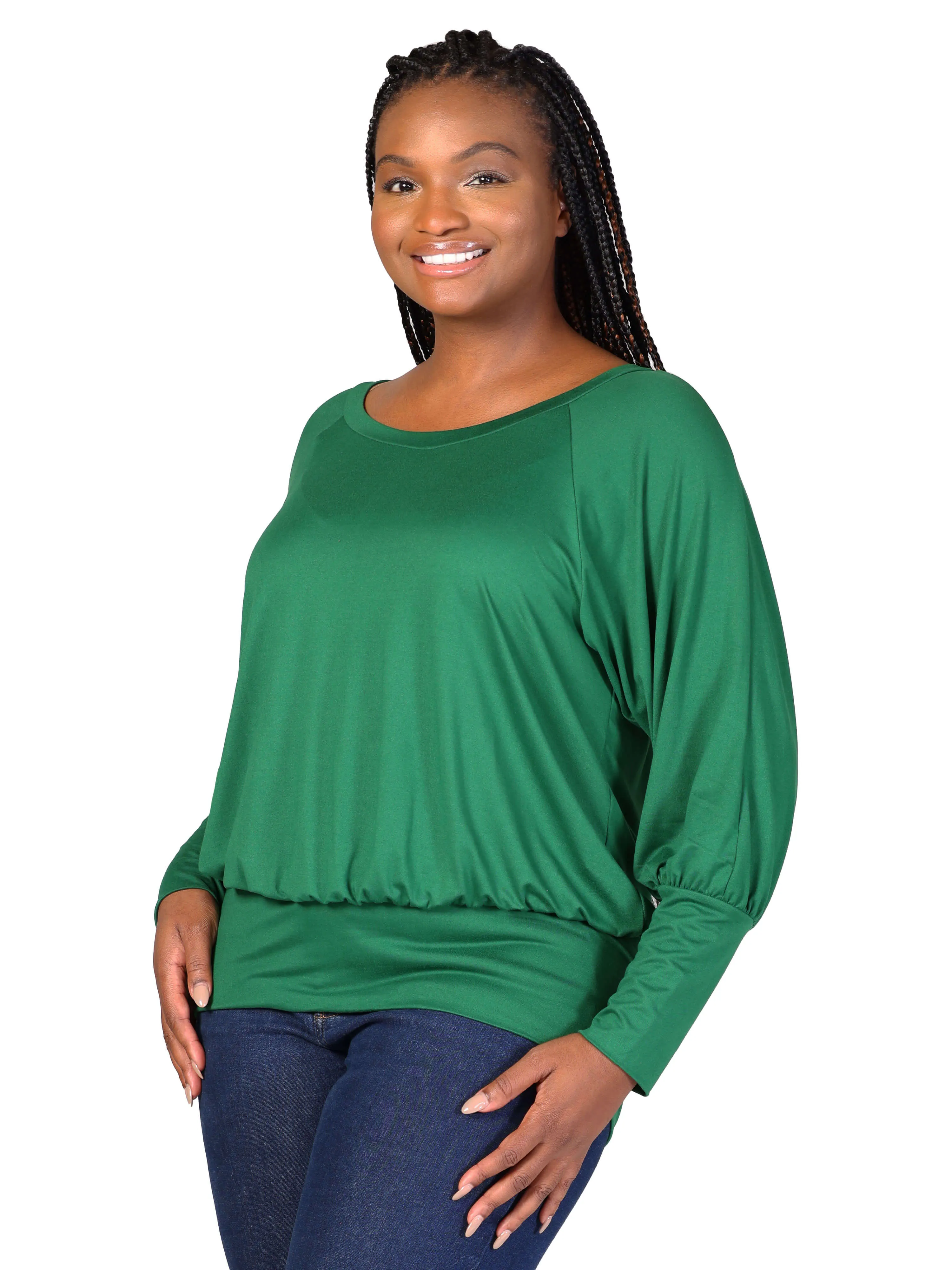 Plus Size Round Neck Long Blouson Sleeve Banded Bottom Top