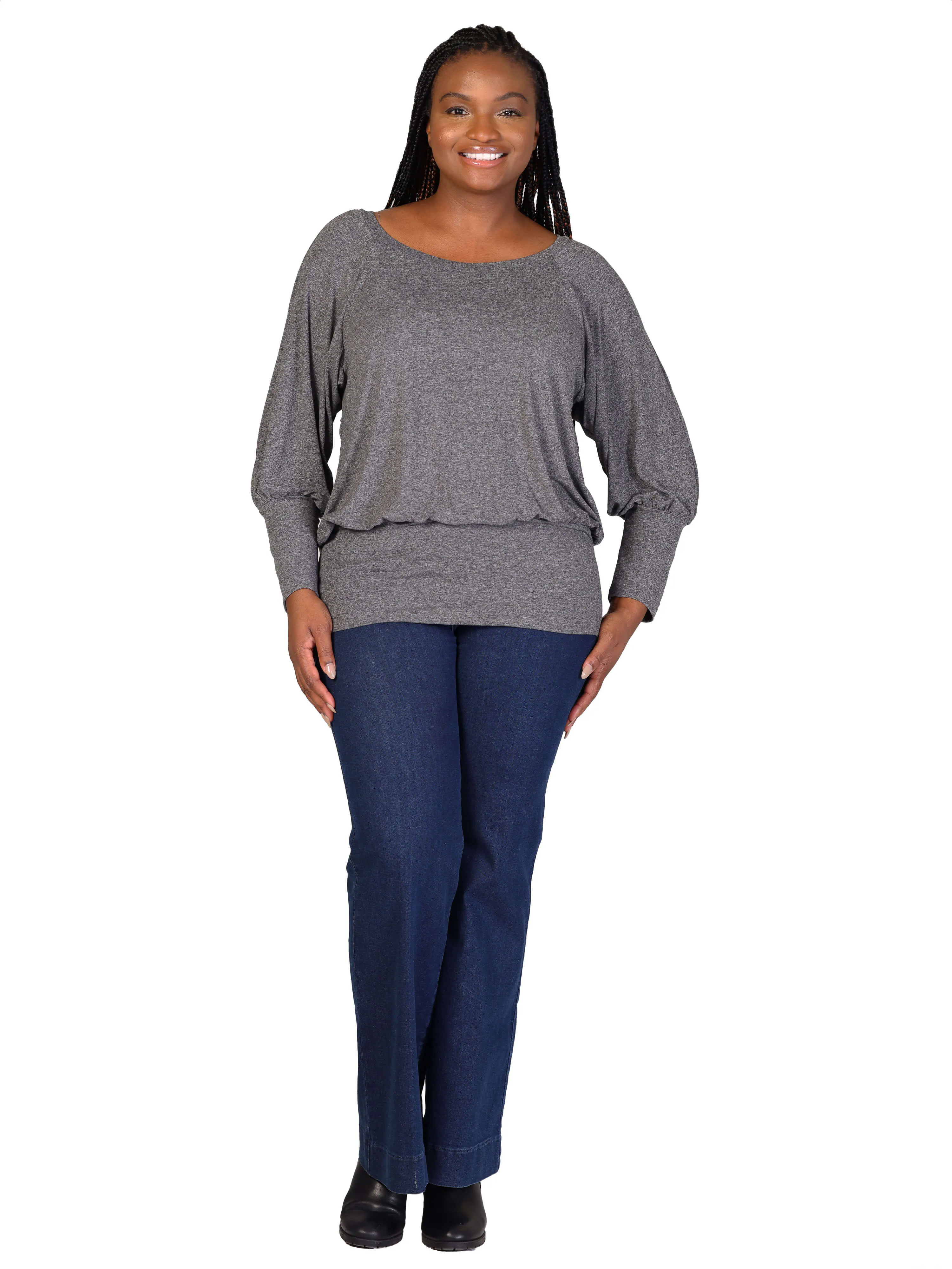 Plus Size Round Neck Long Blouson Sleeve Banded Bottom Top