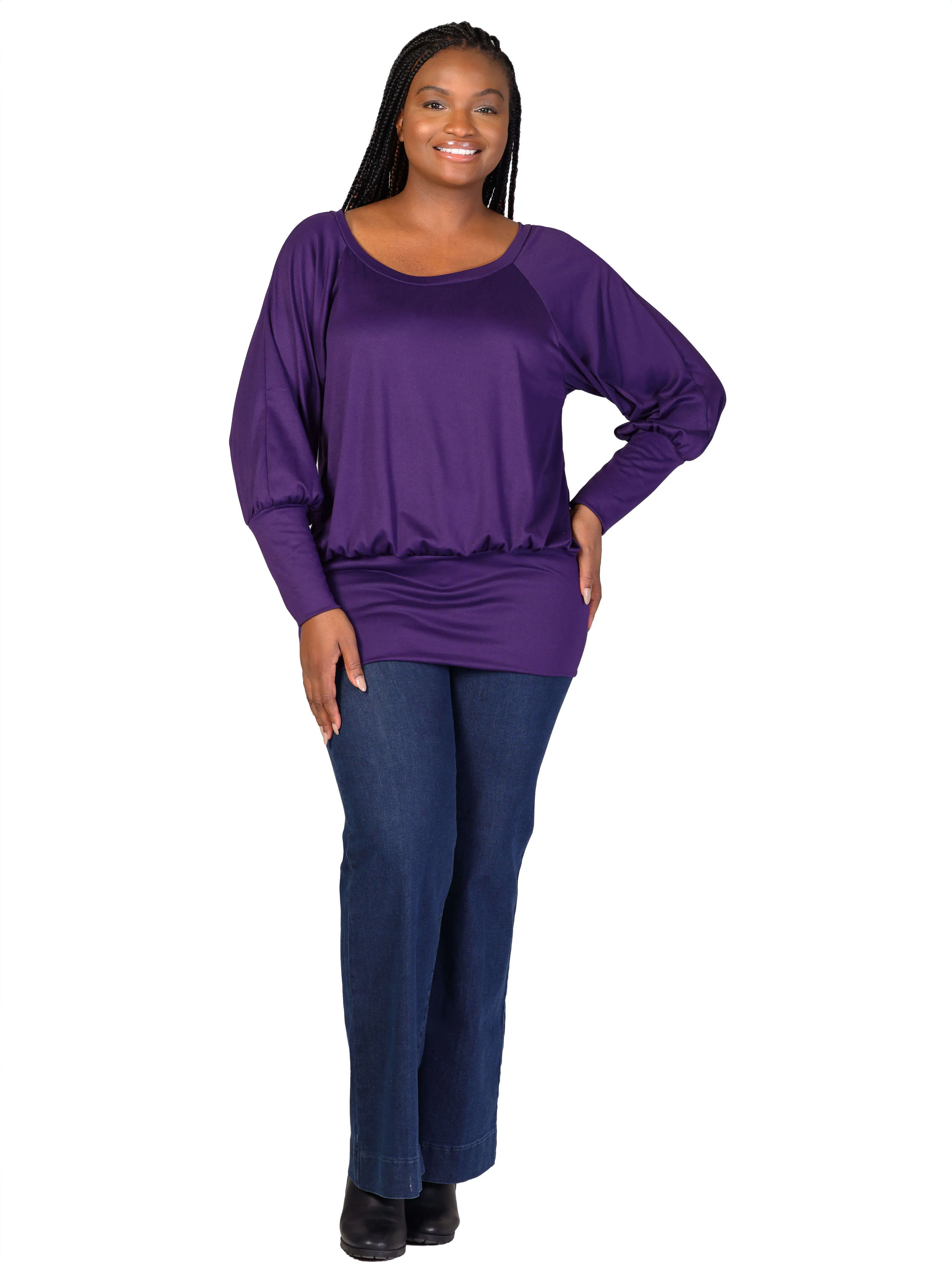 Plus Size Round Neck Long Blouson Sleeve Banded Bottom Top