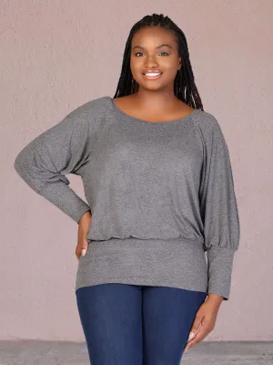 Plus Size Round Neck Long Blouson Sleeve Banded Bottom Top