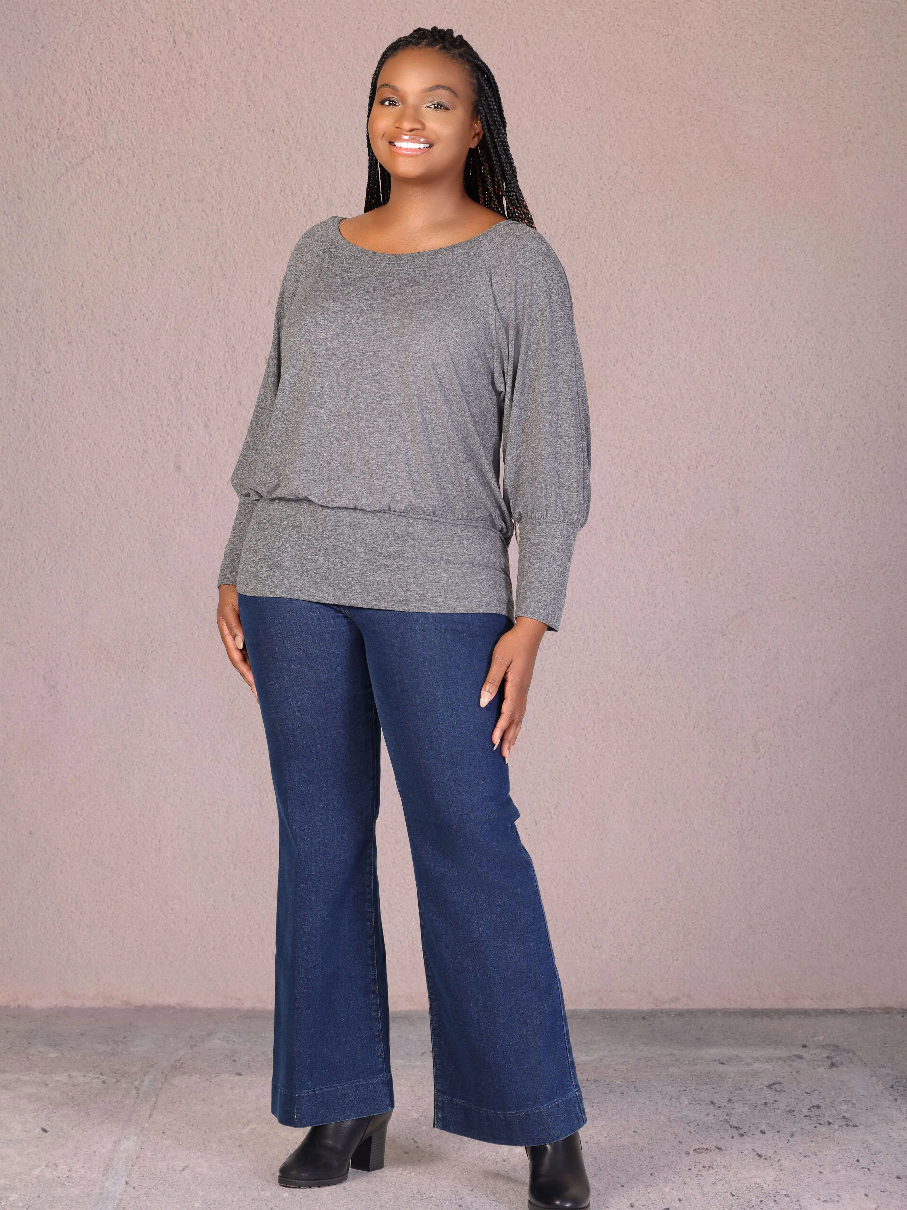 Plus Size Round Neck Long Blouson Sleeve Banded Bottom Top