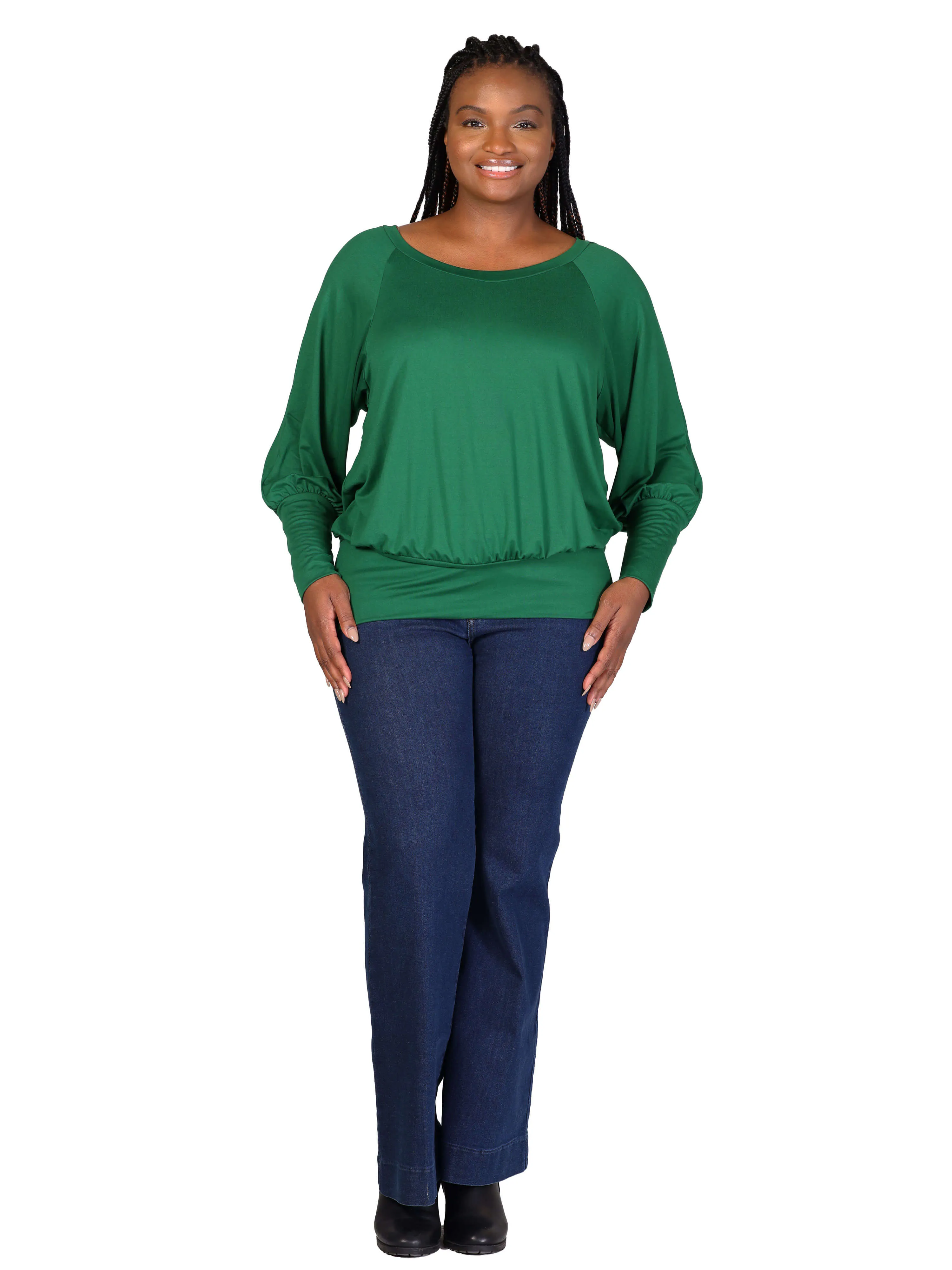 Plus Size Round Neck Long Blouson Sleeve Banded Bottom Top