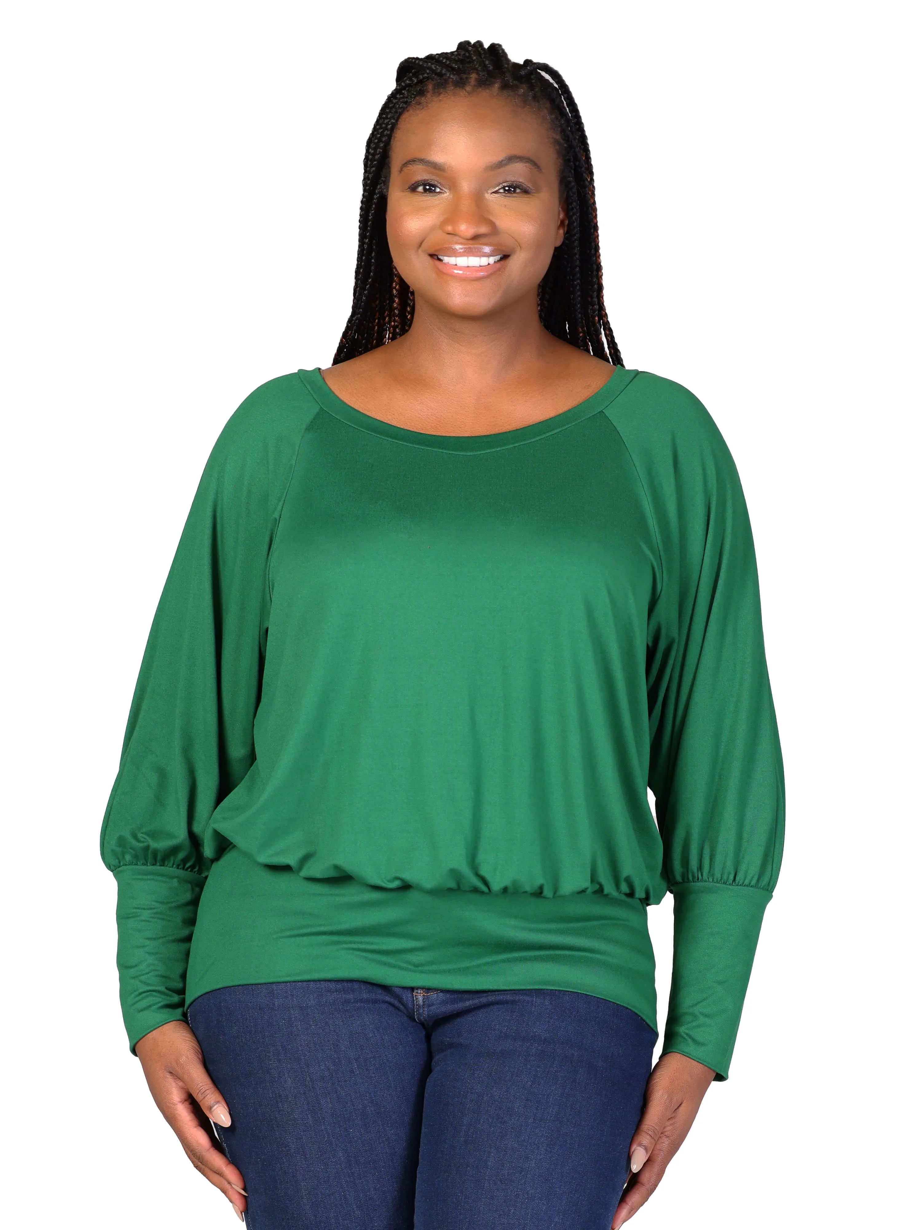 Plus Size Round Neck Long Blouson Sleeve Banded Bottom Top