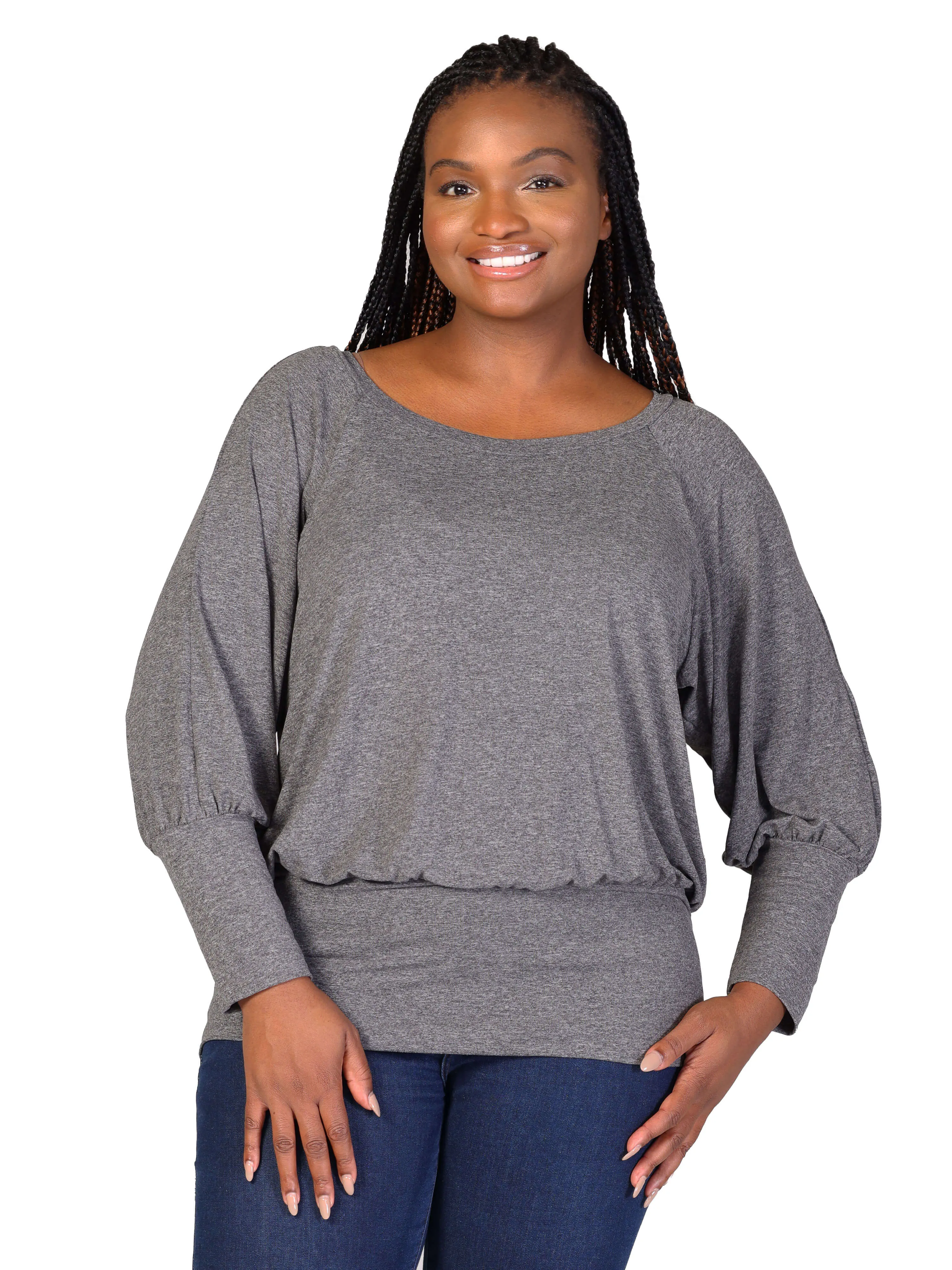 Plus Size Round Neck Long Blouson Sleeve Banded Bottom Top