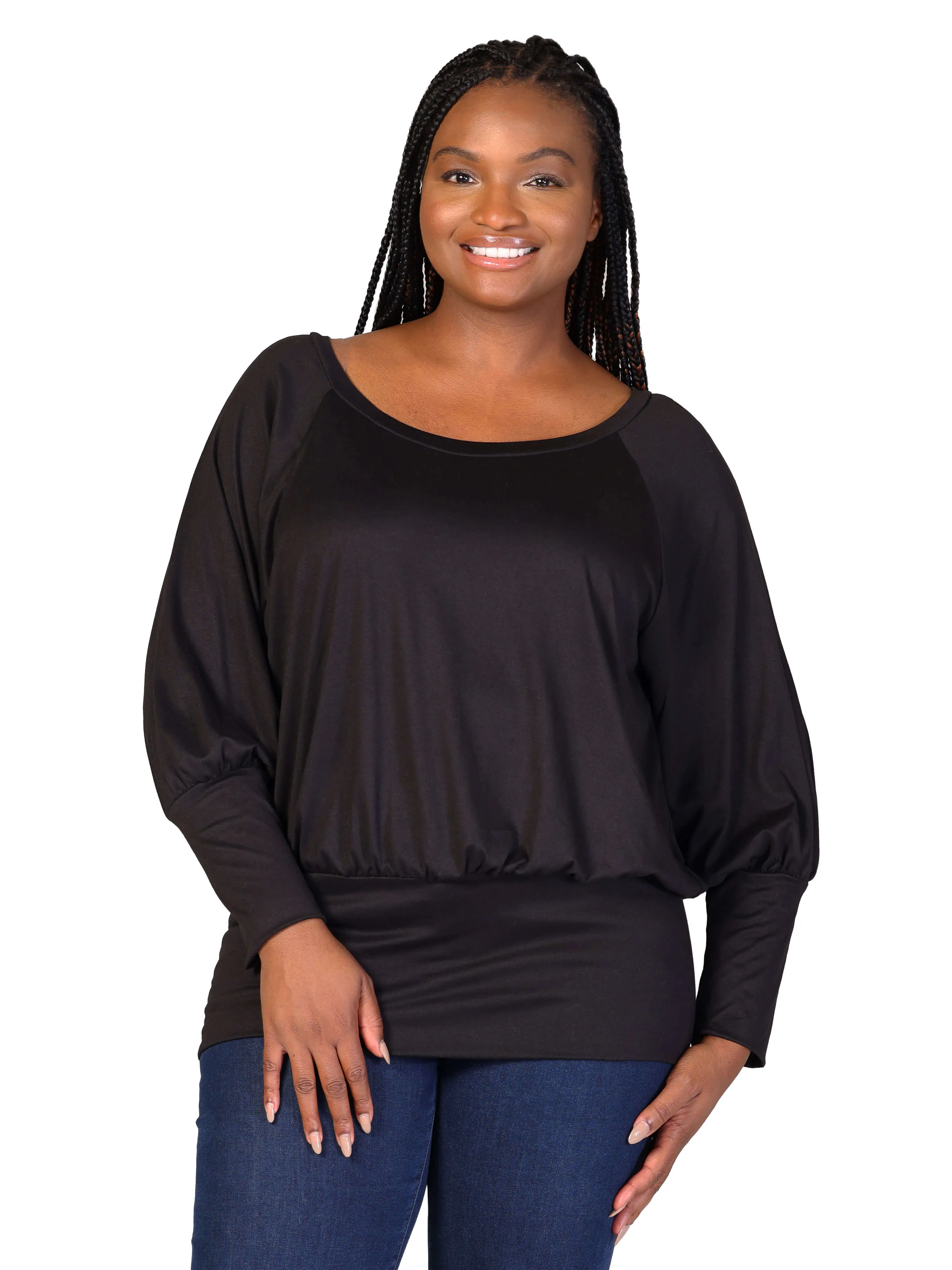 Plus Size Round Neck Long Blouson Sleeve Banded Bottom Top