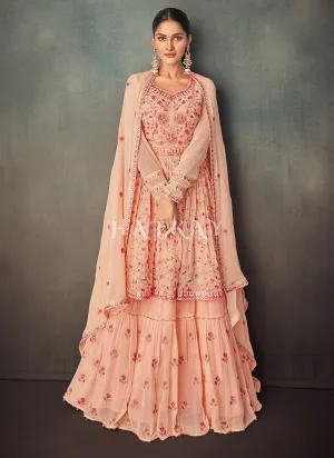 Rich Peach Peplum Style Anarkali Lehenga