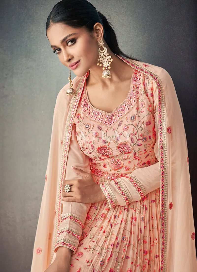 Rich Peach Peplum Style Anarkali Lehenga