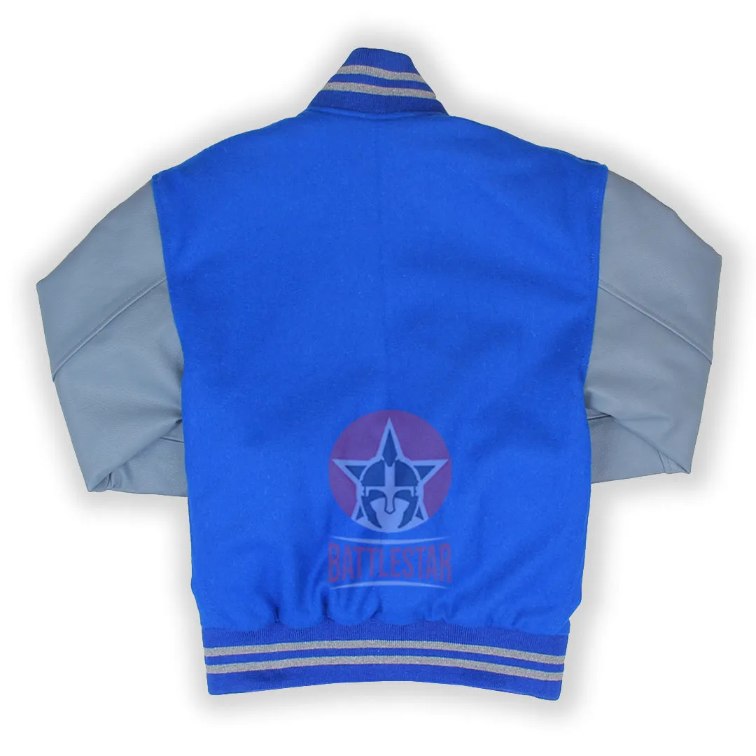 Royal Blue Wool Varsity Jacket Grey Pure Leather Sleeves