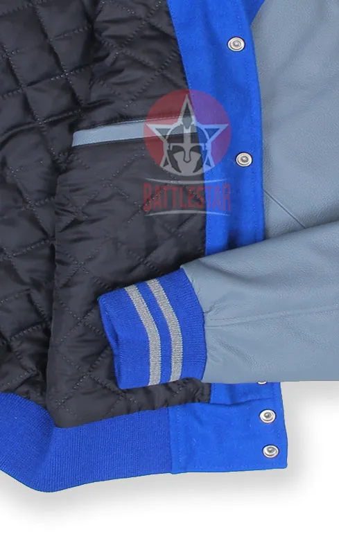 Royal Blue Wool Varsity Jacket Grey Pure Leather Sleeves