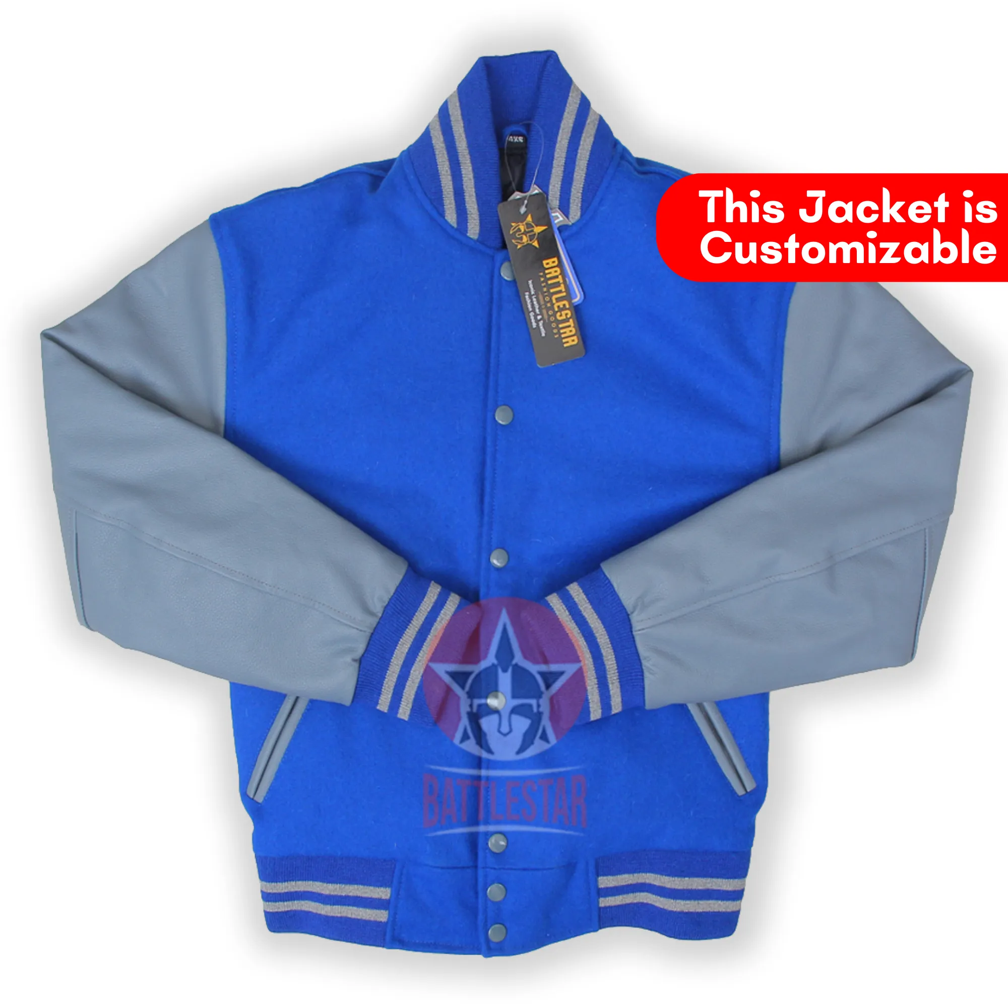 Royal Blue Wool Varsity Jacket Grey Pure Leather Sleeves