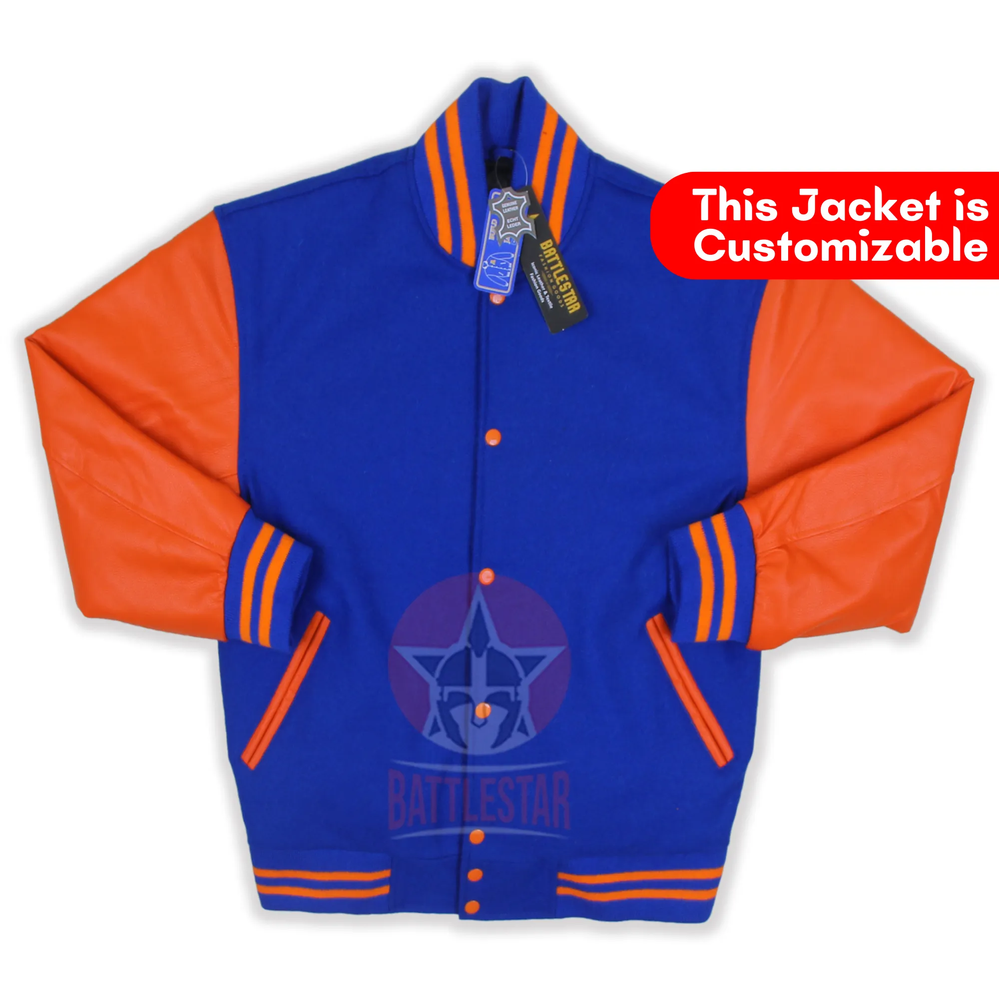 Royal Blue Wool Varsity Jacket Orange Leather Sleeves