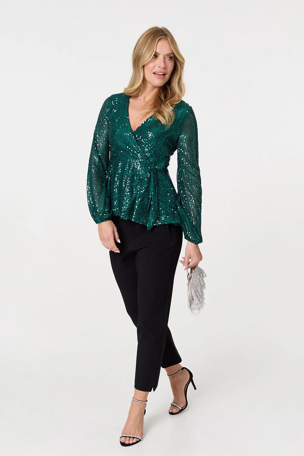 Sequin Embellished Long Sleeve Peplum Top