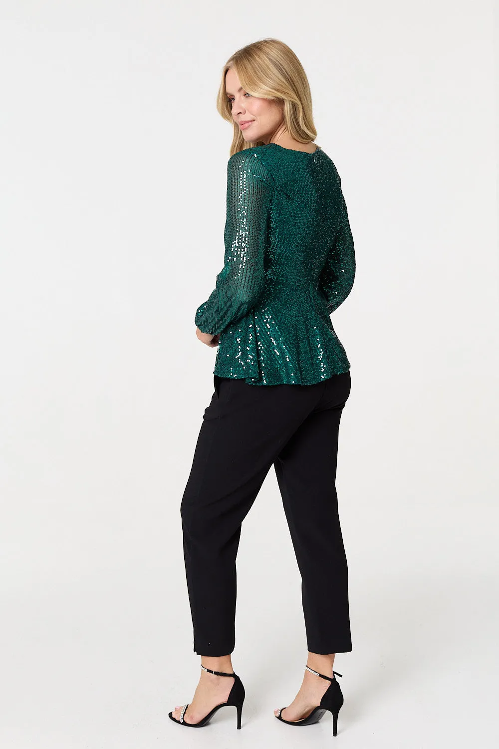 Sequin Embellished Long Sleeve Peplum Top