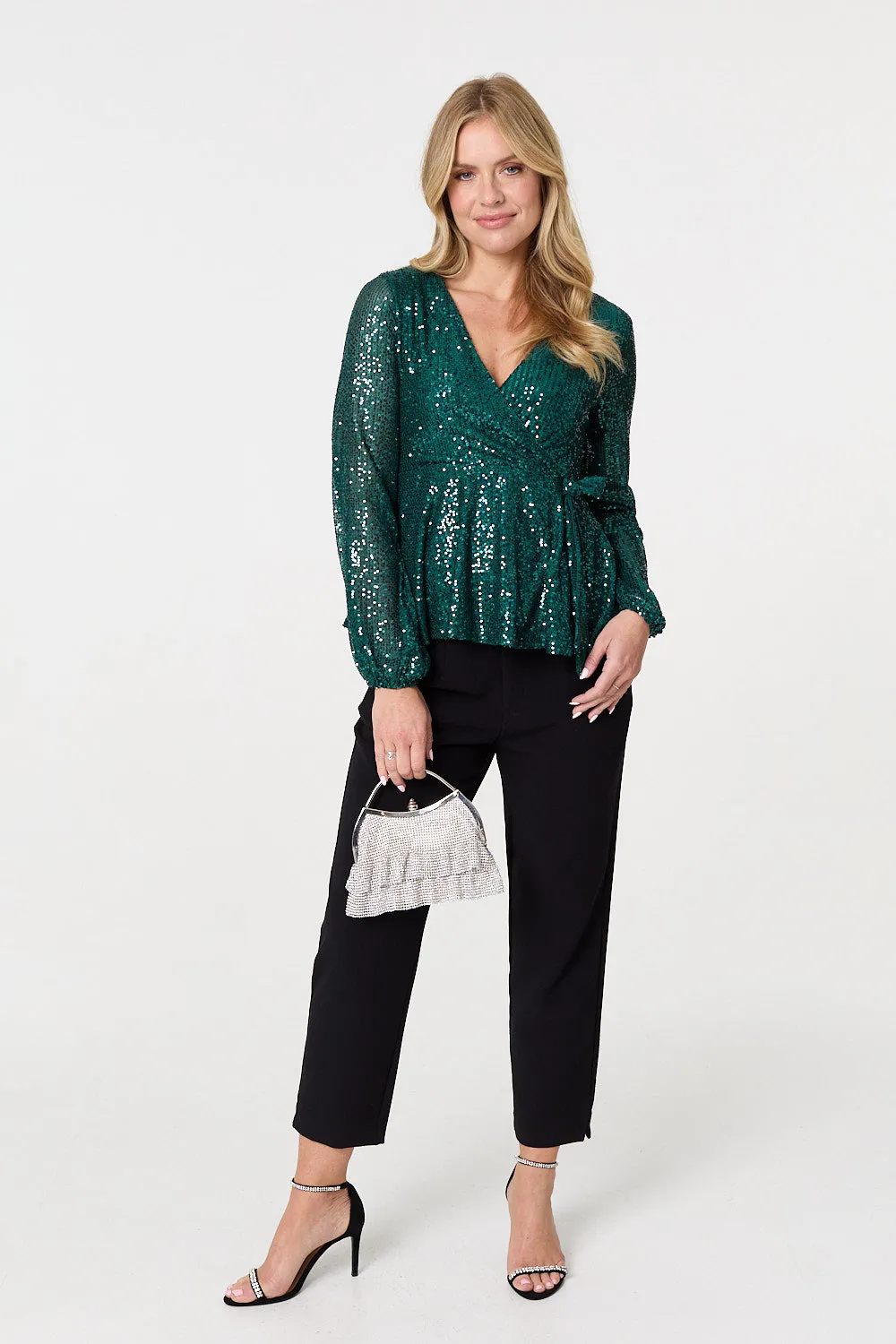 Sequin Embellished Long Sleeve Peplum Top