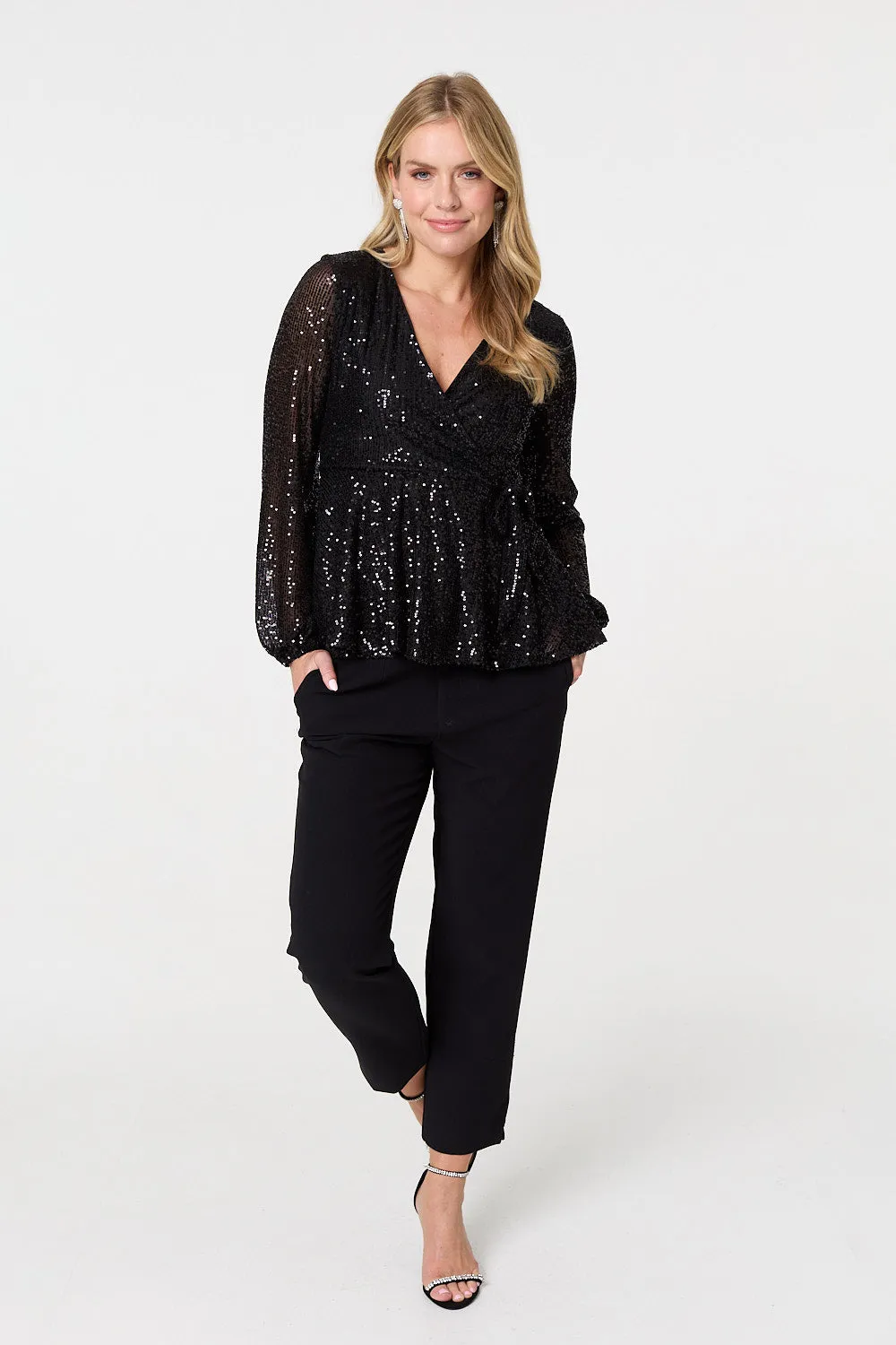 Sequin Embellished Long Sleeve Peplum Top