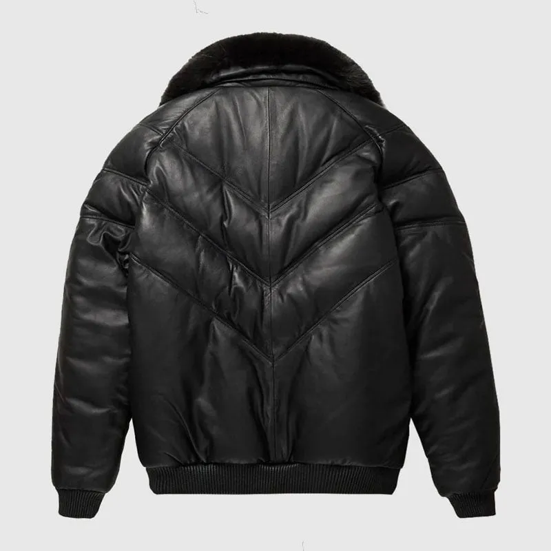 Shop Genuine Black Leather V-Bomber Jacket with Black Fox Fur Collar