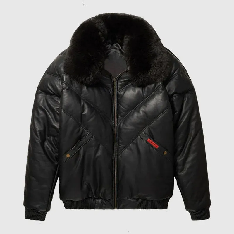 Shop Genuine Black Leather V-Bomber Jacket with Black Fox Fur Collar