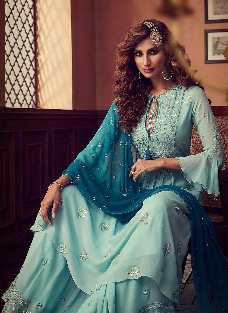 Sky Blue Embroidered Designer Palazzo Suit