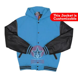 Sky Blue Wool Black Leather Hooded Baseball Letterman Varsity Jacket