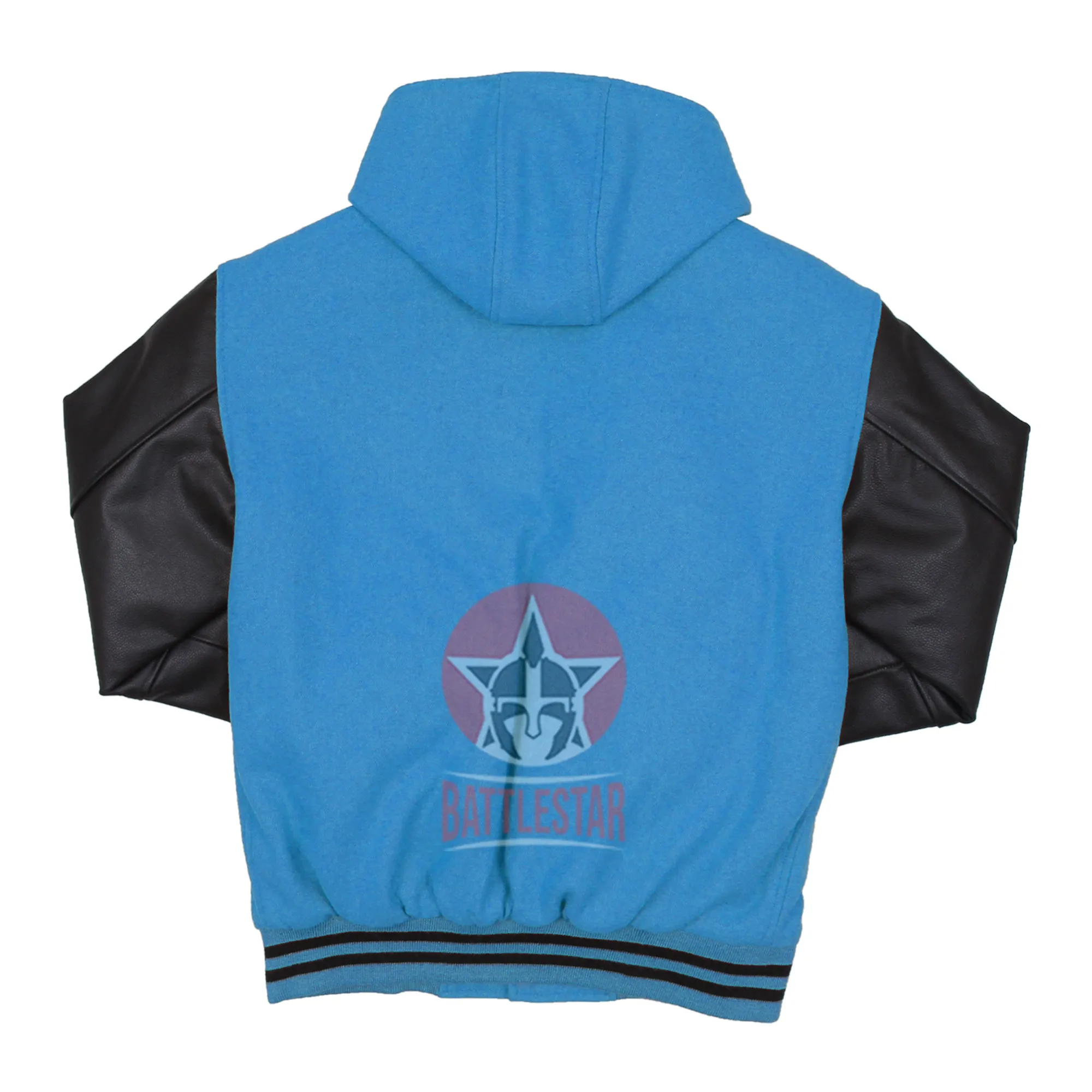 Sky Blue Wool Black Leather Hooded Baseball Letterman Varsity Jacket