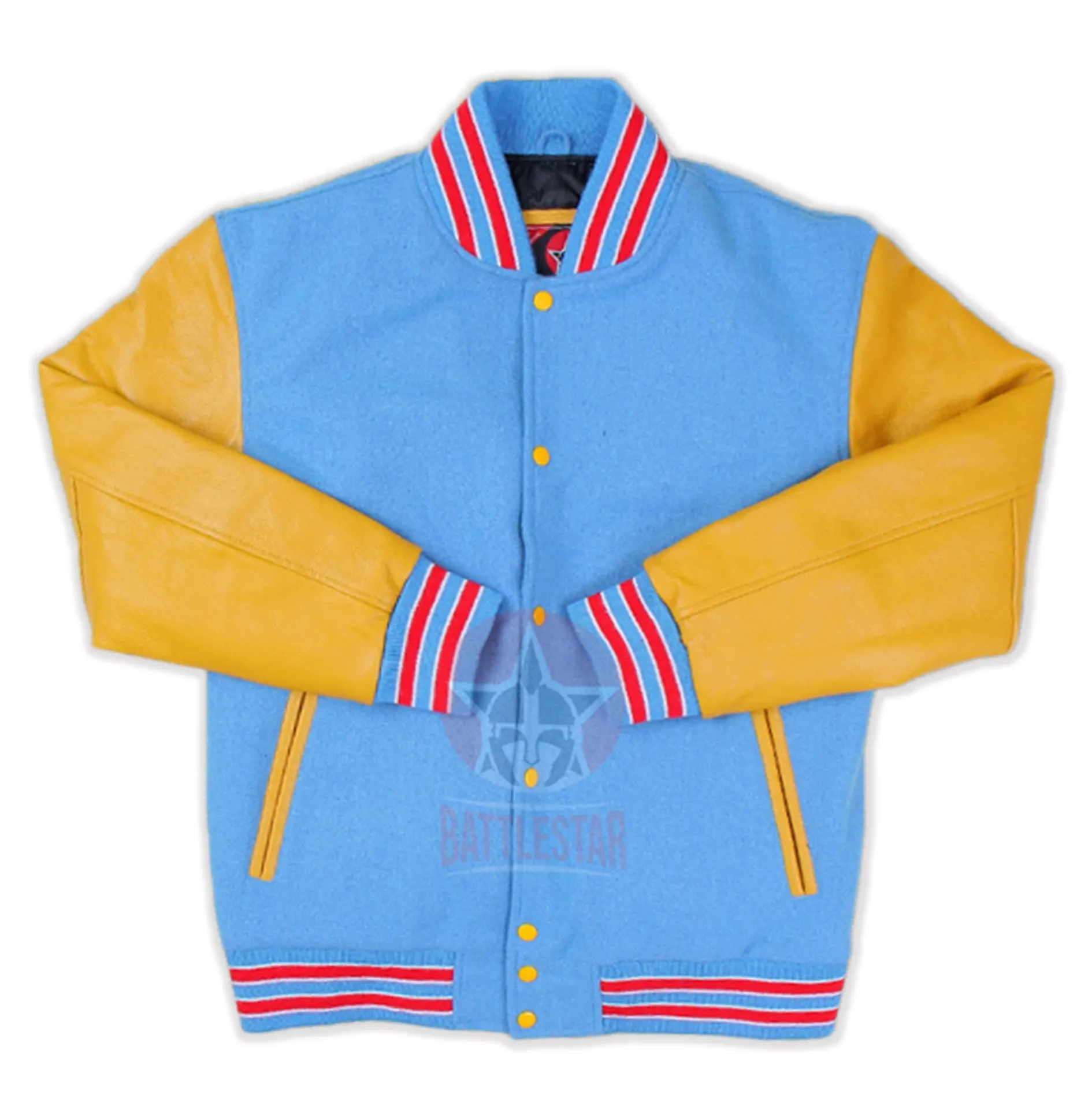 Sky Blue Wool Gold Yellow Leather Sleeves Varsity Jacket