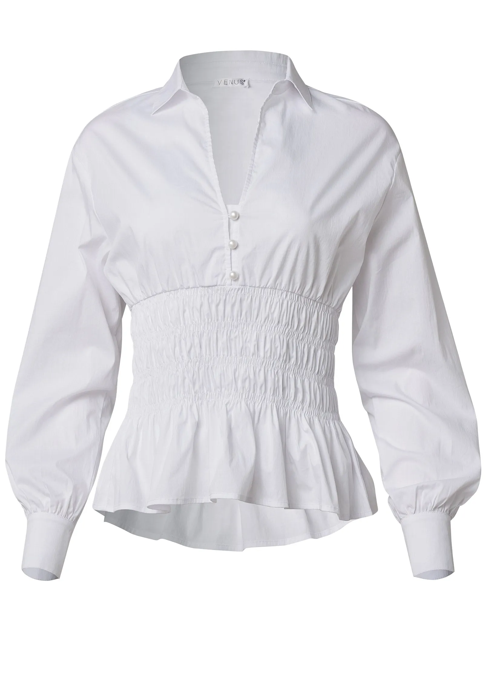 Smocked Waist Peplum Blouse - White