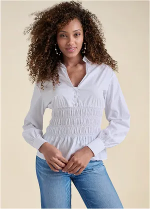 Smocked Waist Peplum Blouse - White