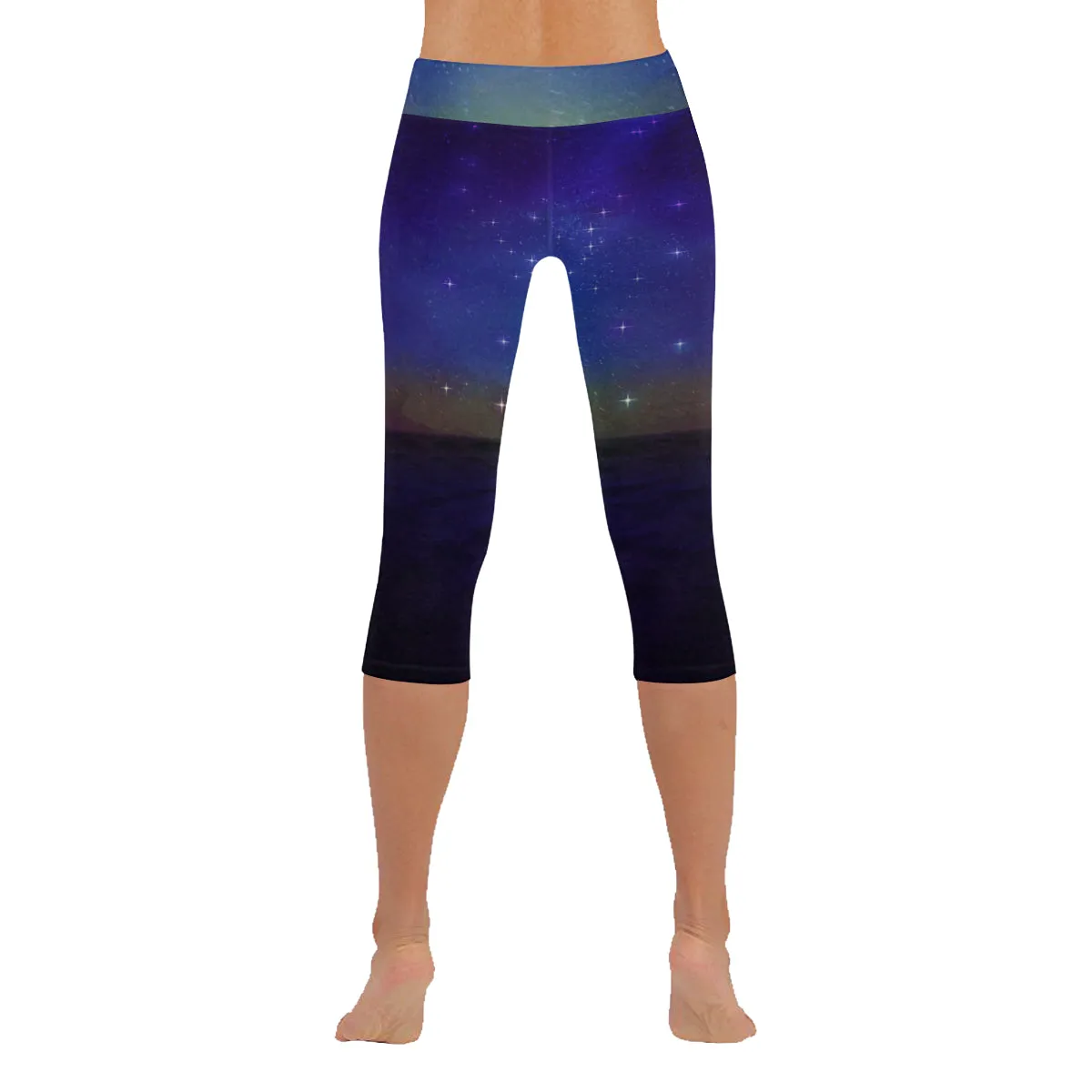 Starry Night on the sea Women's Low Rise Capri Leggings (Invisible Stitch)