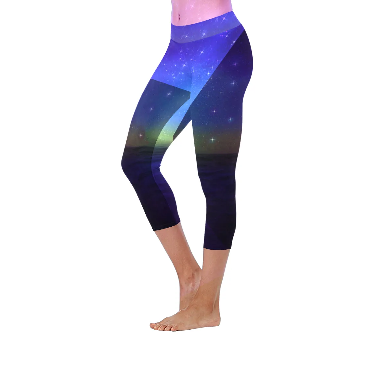 Starry Night on the sea Women's Low Rise Capri Leggings (Invisible Stitch)