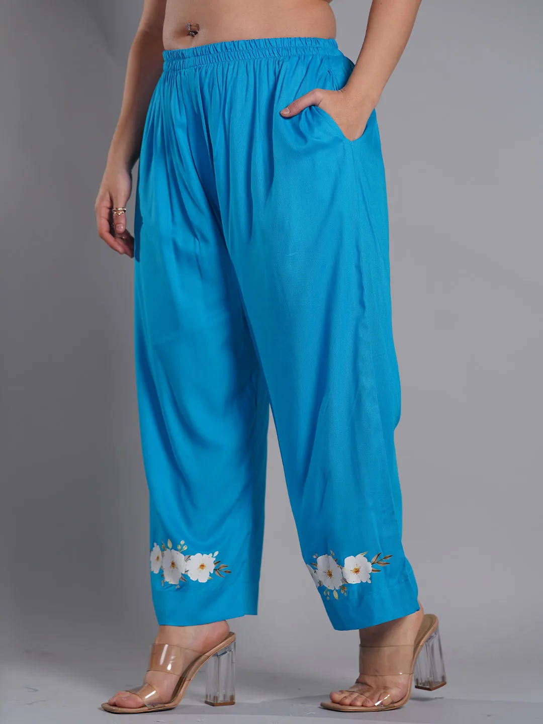 Turquoise PrintedPalazzoPants - FloralOasis