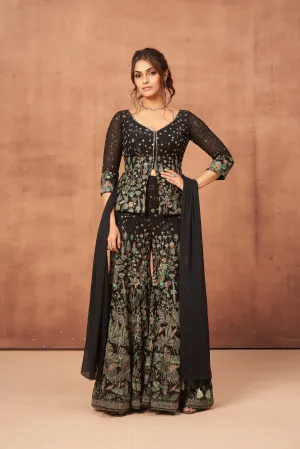 Vintage Black Floral Embroidered Georgette Silk Kurta Palazzo Set