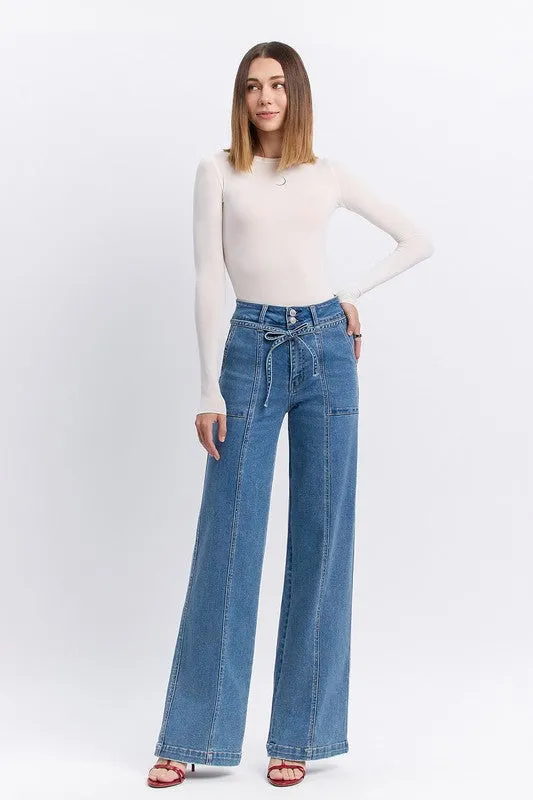 Waitlist 2/10 ♥ Norah High Rise Waist Tie Wide Leg Jeans Medium Wash