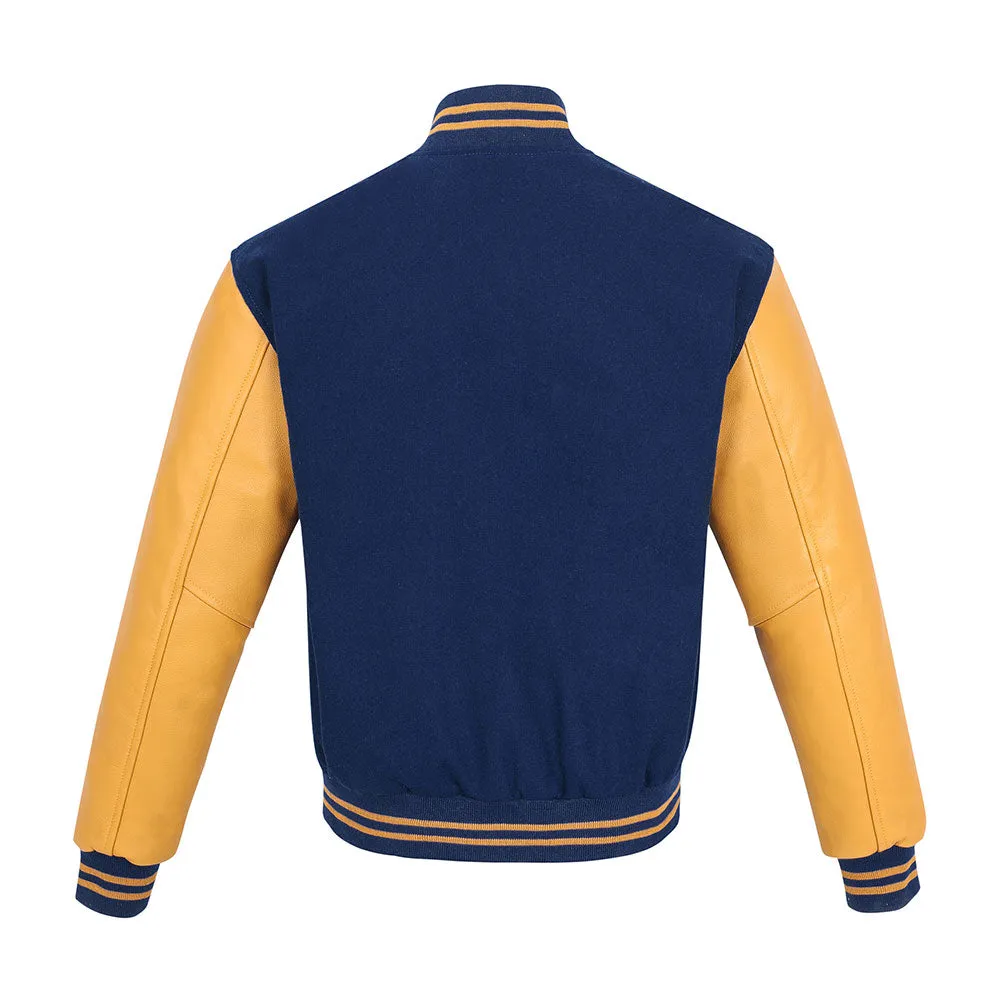 Warrior Gears Classic Hybrid Varsity Jacket University Letterman Bomber Jacket, Pure Wool & Original Cowhide Leather Jacket, Navy Blue Pure Wool Body & Goldish Yellow Real Leather Sleeves