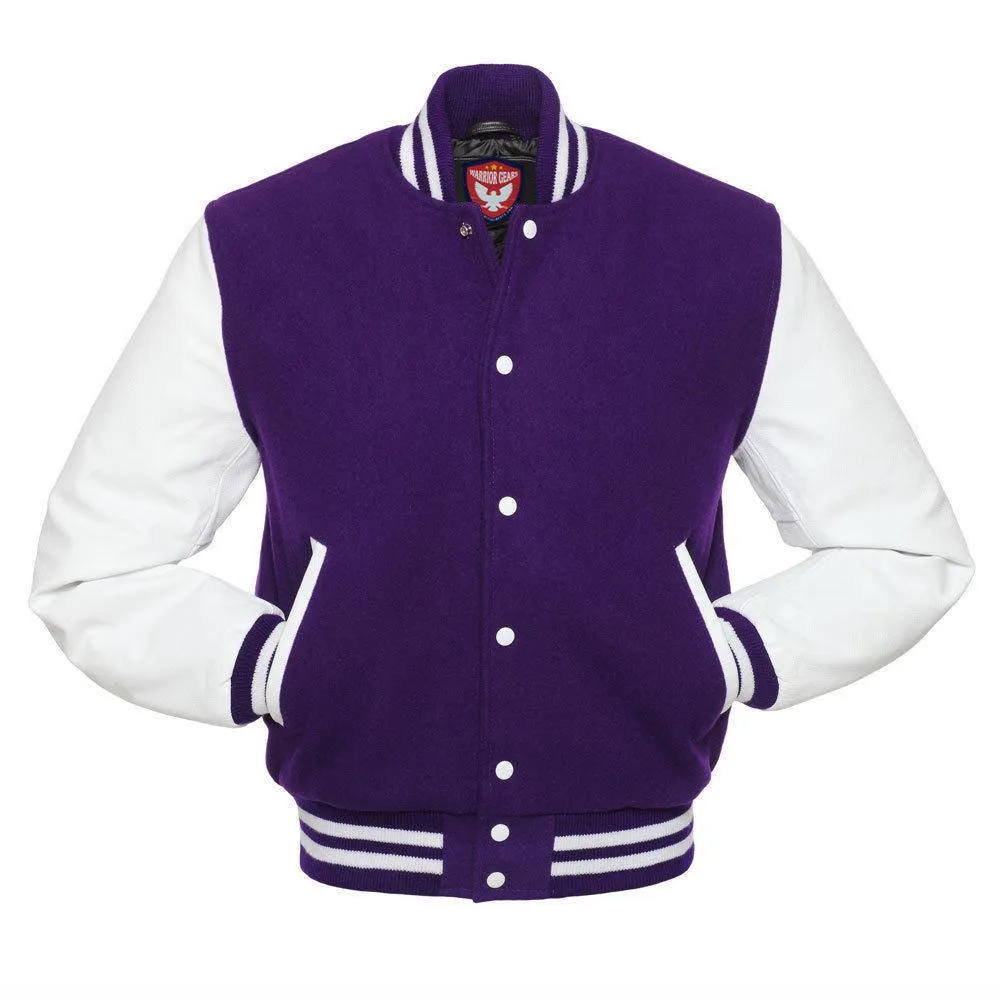 Warrior Gears Classic Hybrid Varsity Jacket University Letterman Bomber Jacket, Pure Wool & Original Cowhide Leather Jacket, Purple Pure Wool Body & White Real Leather Sleeves