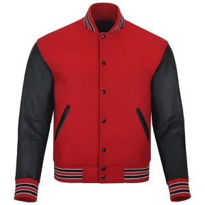 Warrior Gears Classic Hybrid Varsity Jacket University Letterman Bomber Jacket, Pure Wool & Original Cowhide Leather Jacket, Red Pure Wool Body & Black Real Leather Sleeves