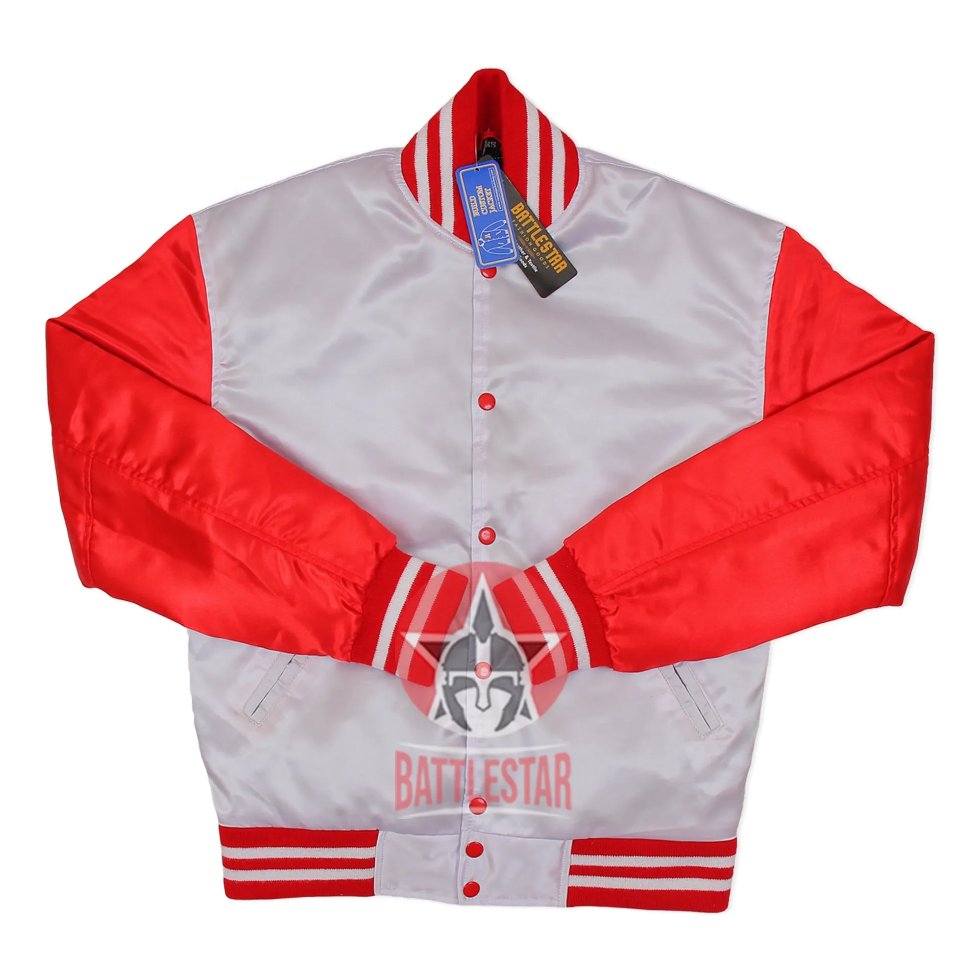 White Red Satin Varsity Bomber Baseball Jacket