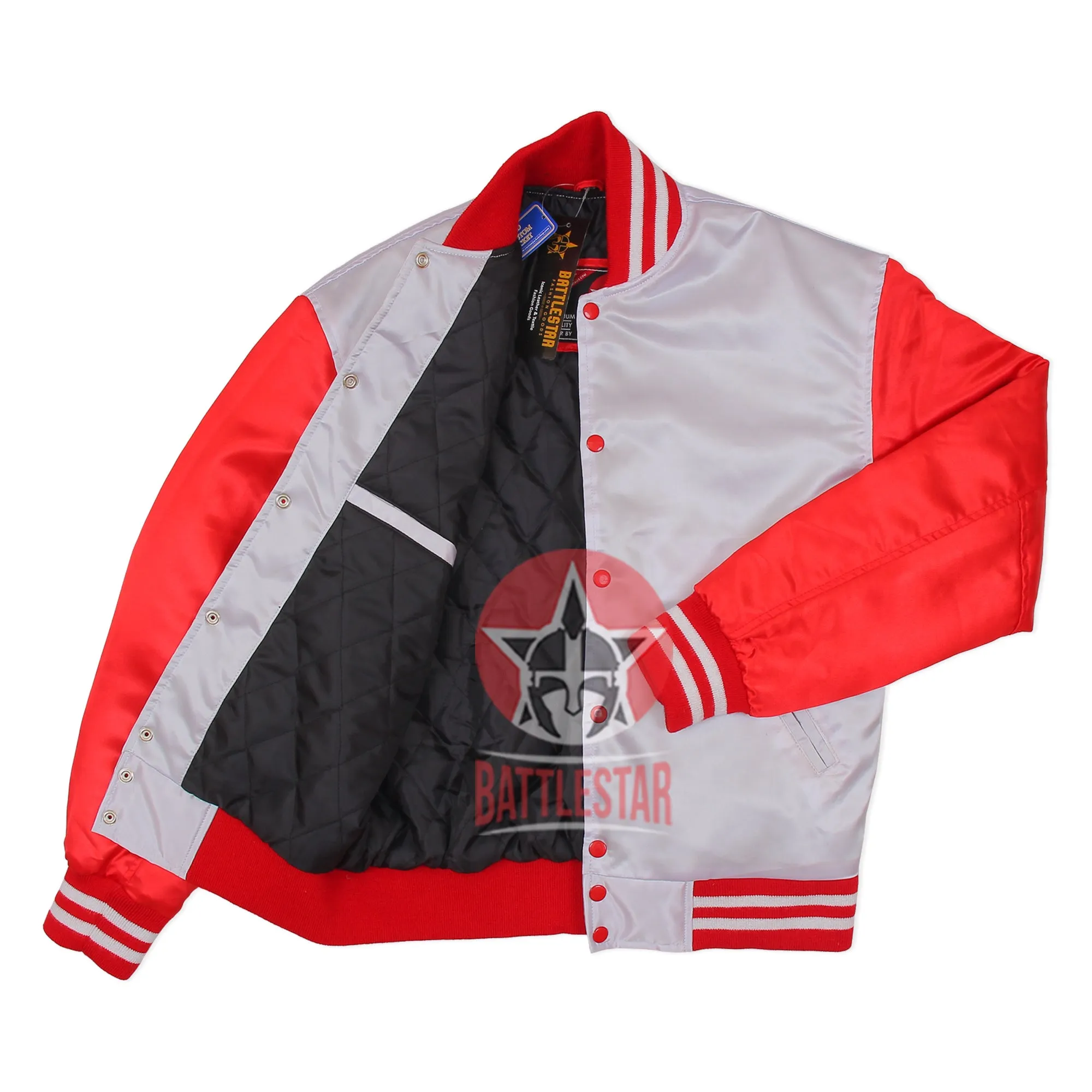 White Red Satin Varsity Bomber Baseball Jacket