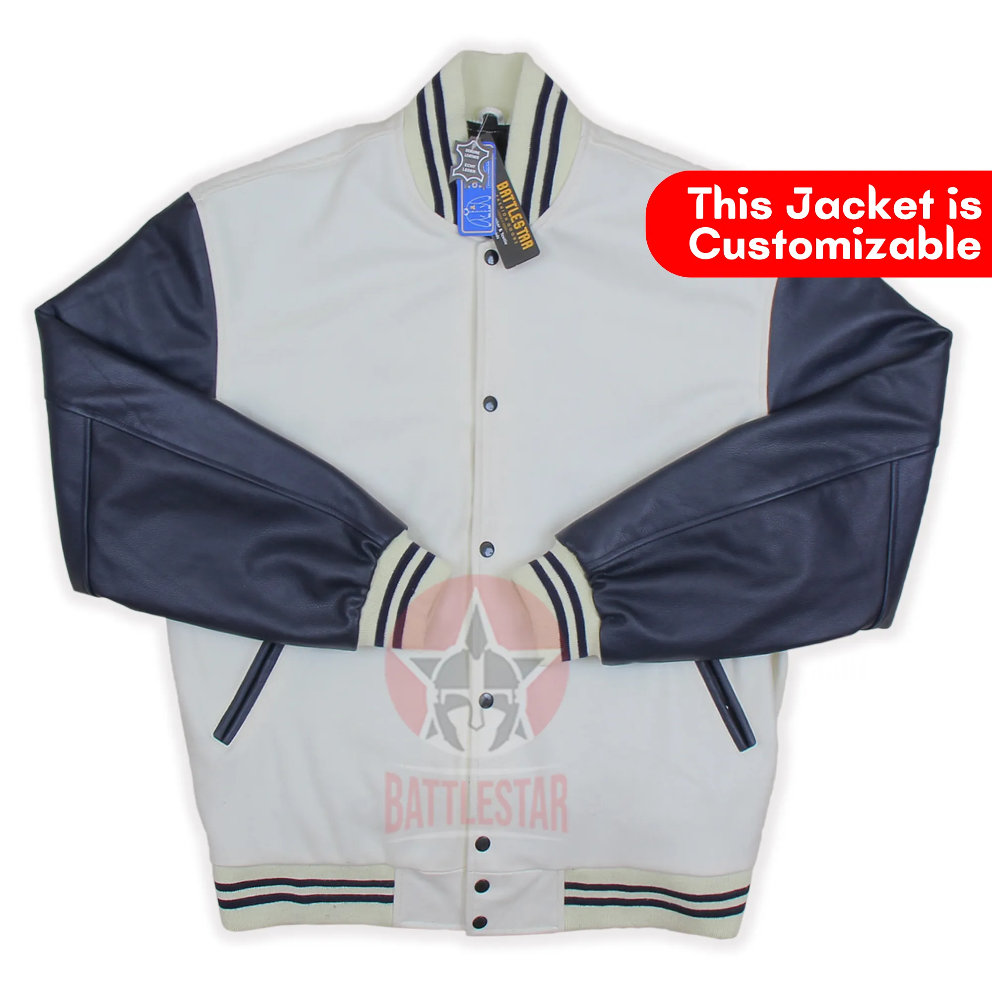 White Wool Varsity Jacket Navy Blue Leather Sleeves