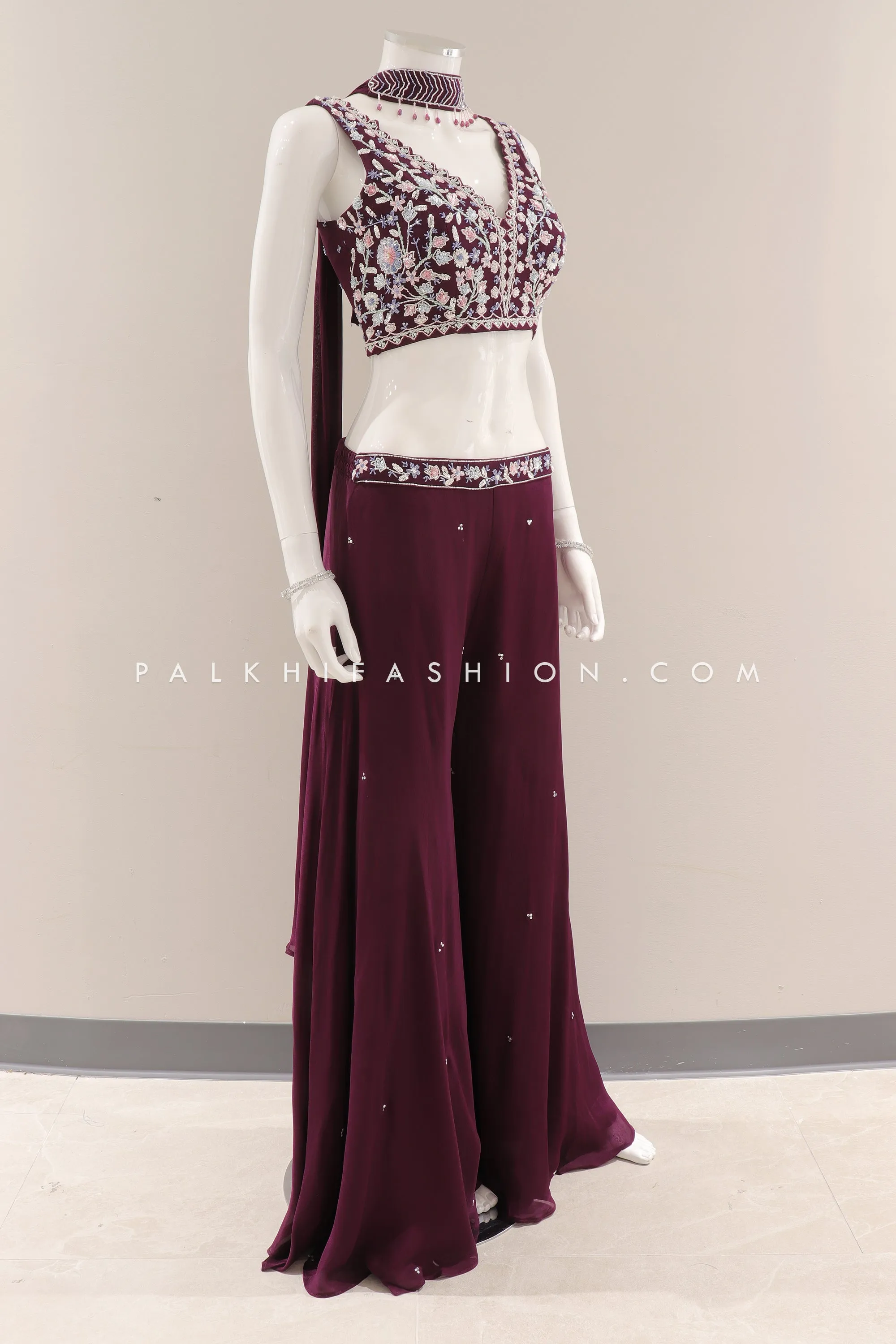 Wine Crop Top Palazzo Outfit with Intricate Handwork & Stone Detailing